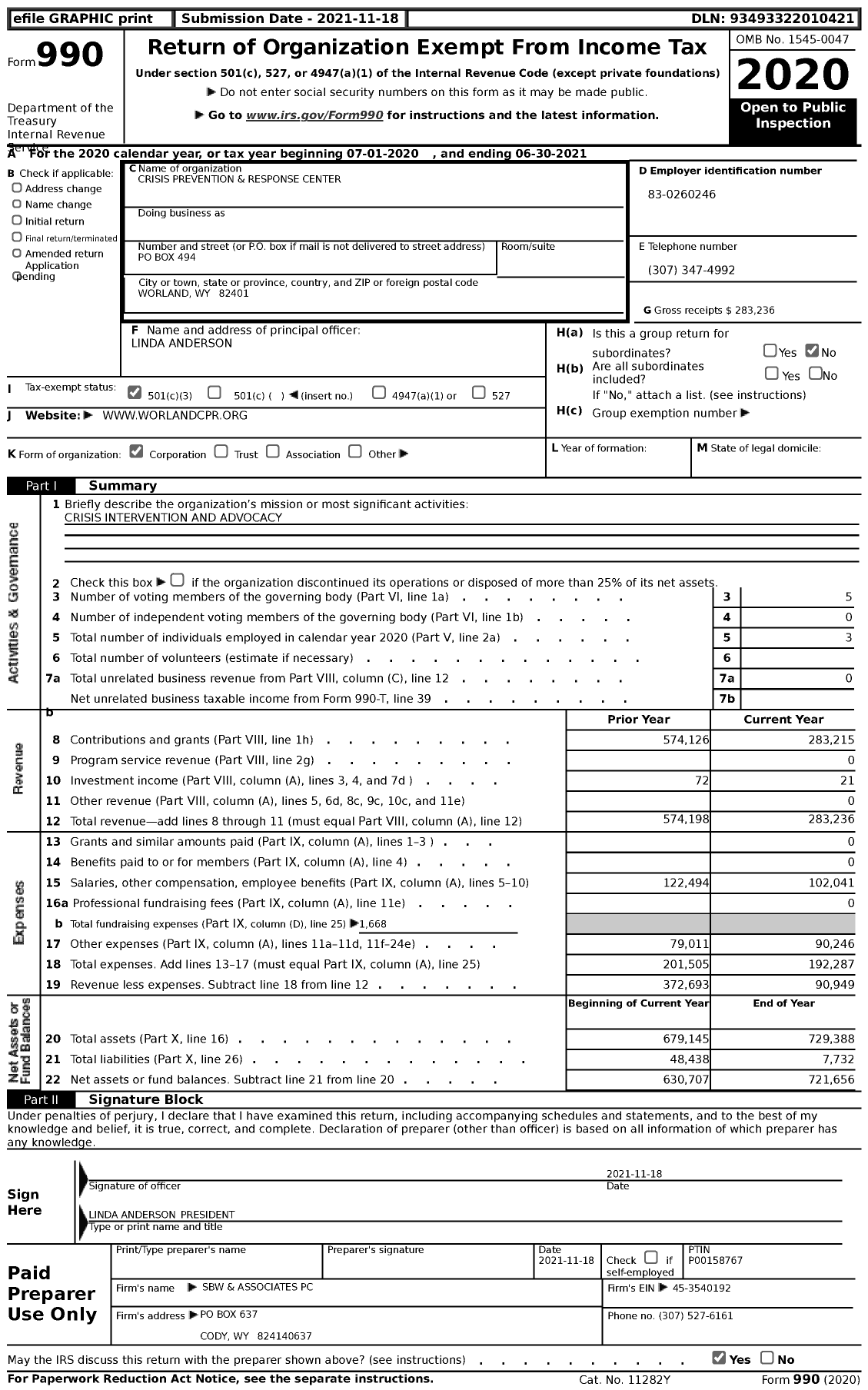 Image of first page of 2020 Form 990 for Crisis Prevention and Response Center