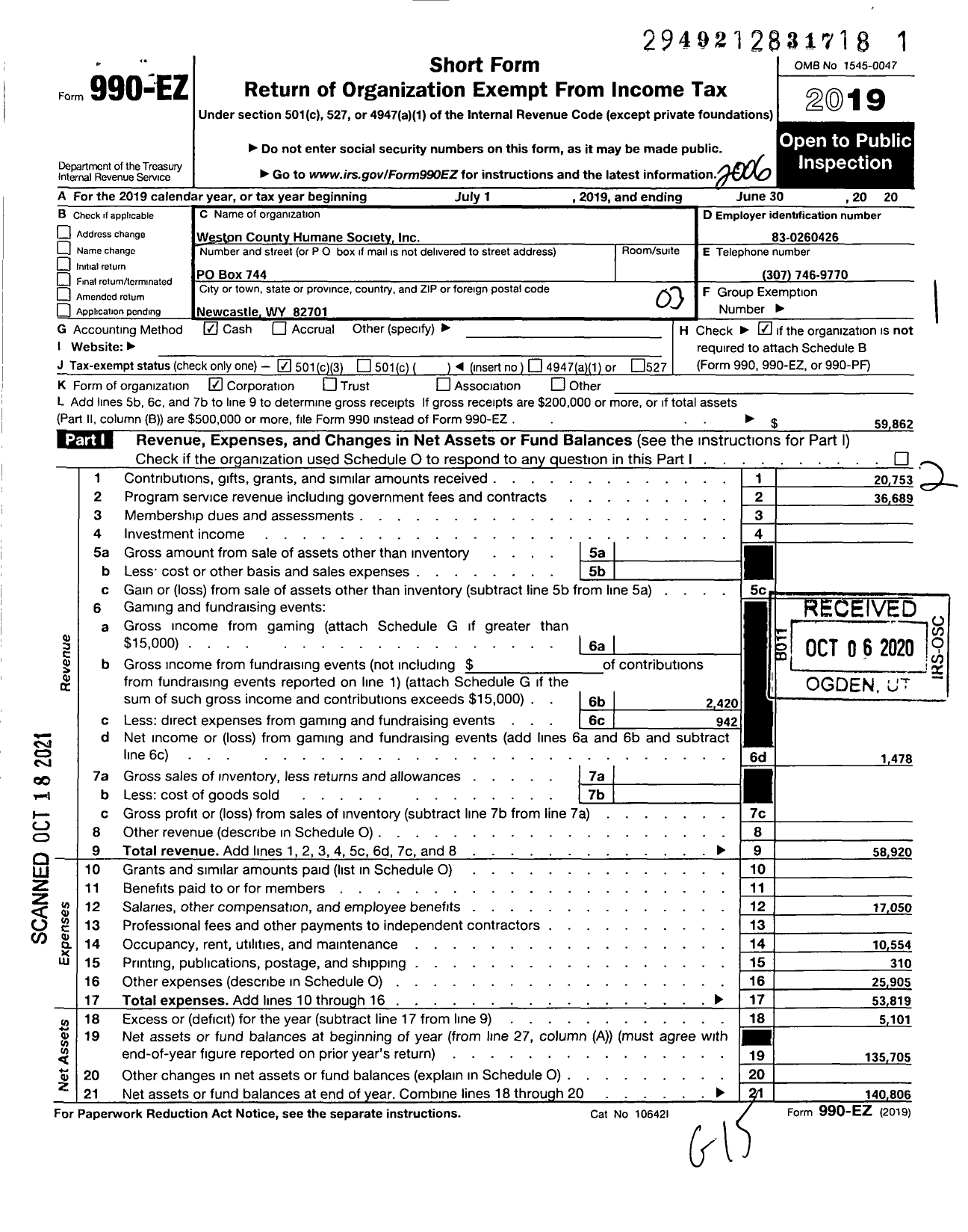 Image of first page of 2019 Form 990EZ for Weston County Humane Society