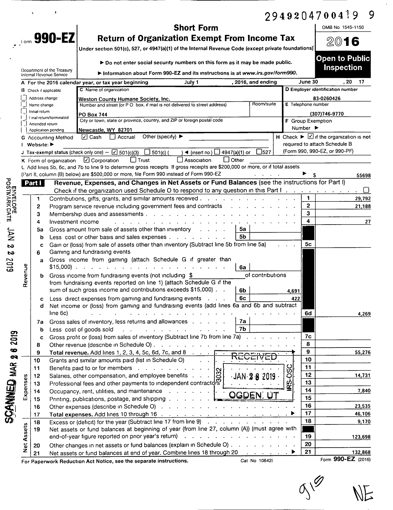 Image of first page of 2016 Form 990EZ for Weston County Humane Society