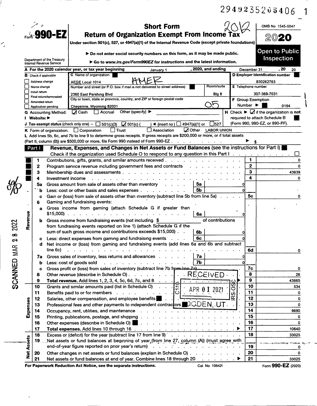 Image of first page of 2020 Form 990EO for American Federation of Government Employees - 1014 Local Afge Va