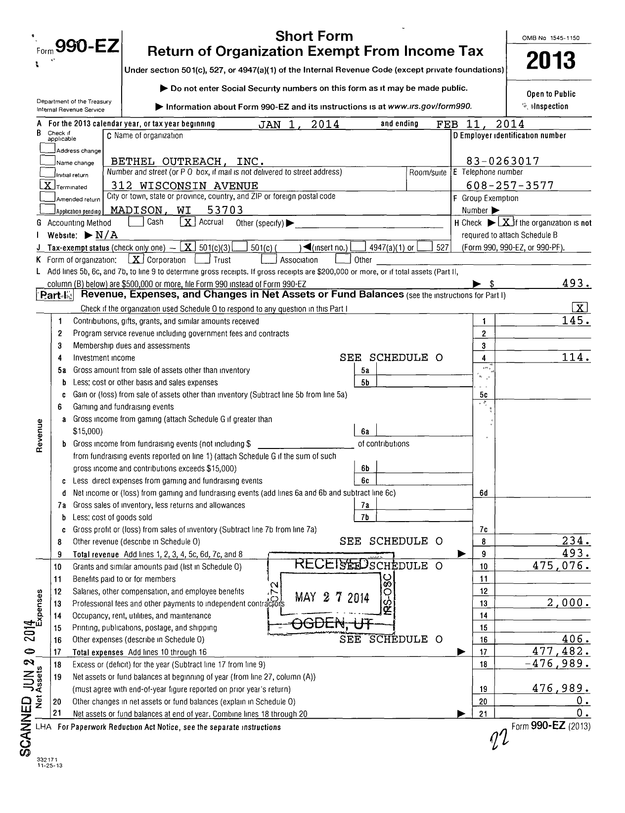 Image of first page of 2013 Form 990EZ for Bethel Outreach