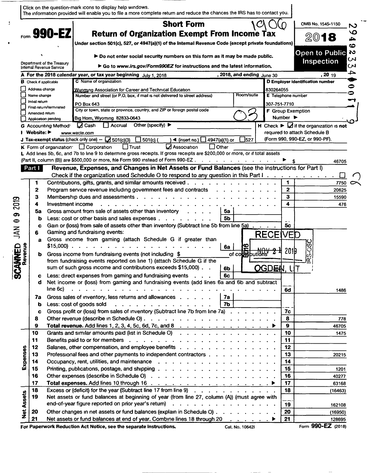 Image of first page of 2018 Form 990EZ for Wyoming Association for Career and Technical Education