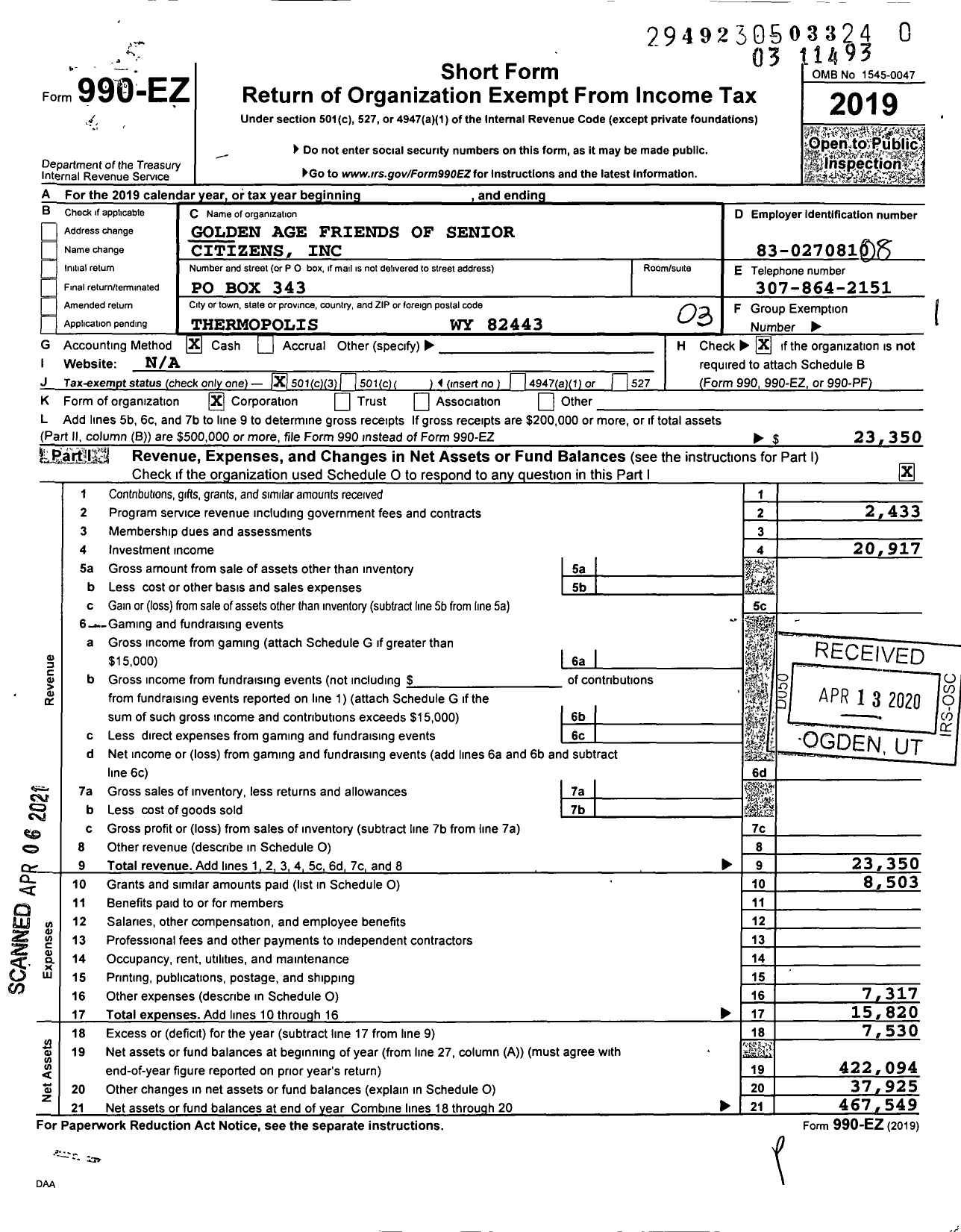 Image of first page of 2019 Form 990EZ for Golden Age Friends of Senior Citizens