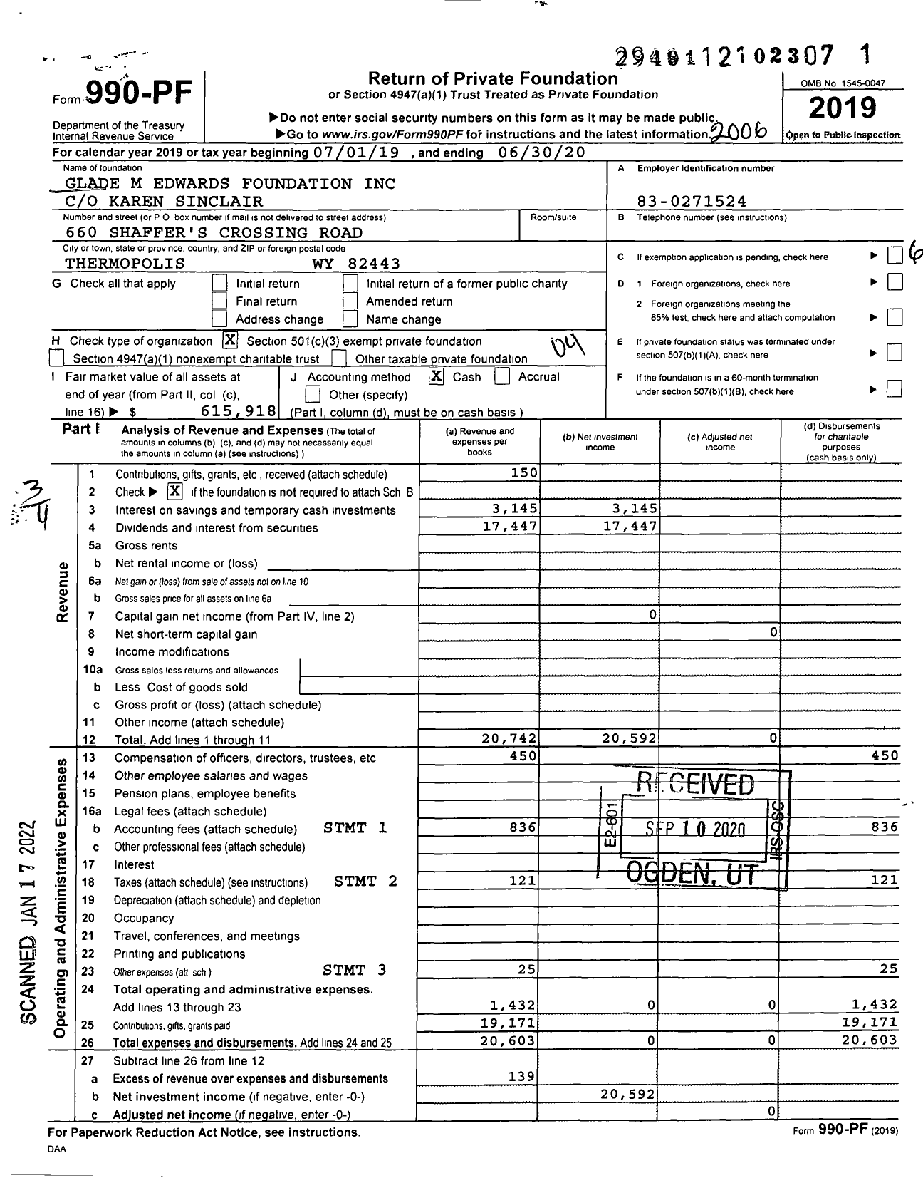 Image of first page of 2019 Form 990PF for Glade M Edwards Foundation