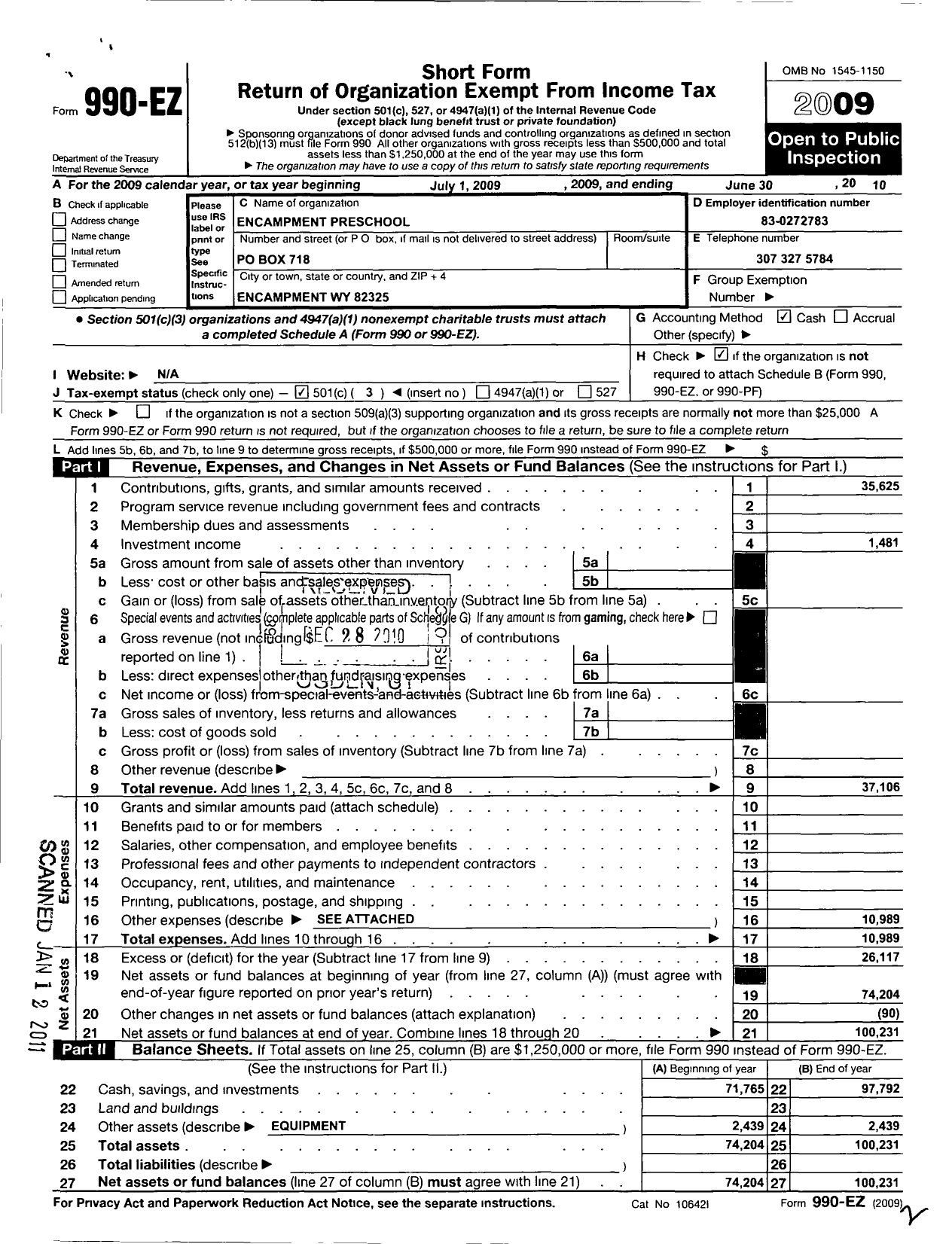 Image of first page of 2009 Form 990EZ for Encampment Preschool