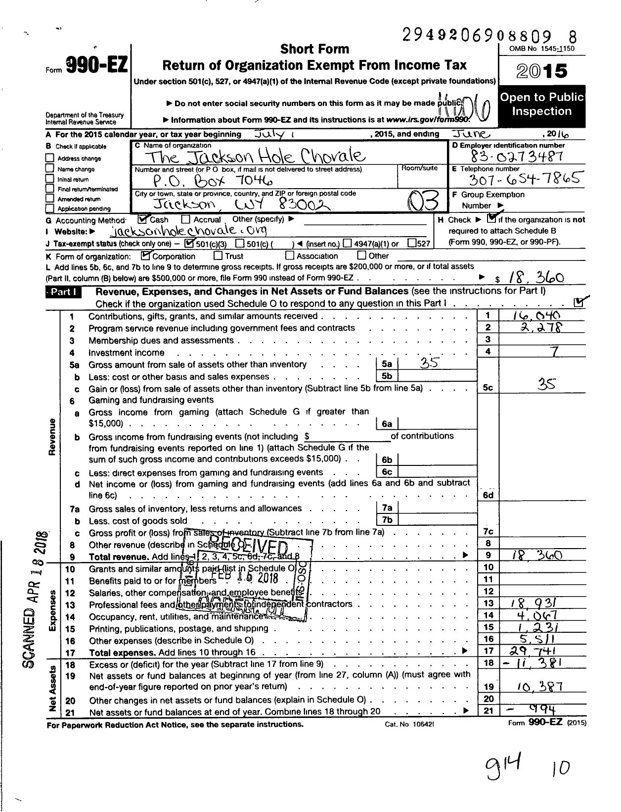 Image of first page of 2015 Form 990EZ for Jackson Hole Chorale