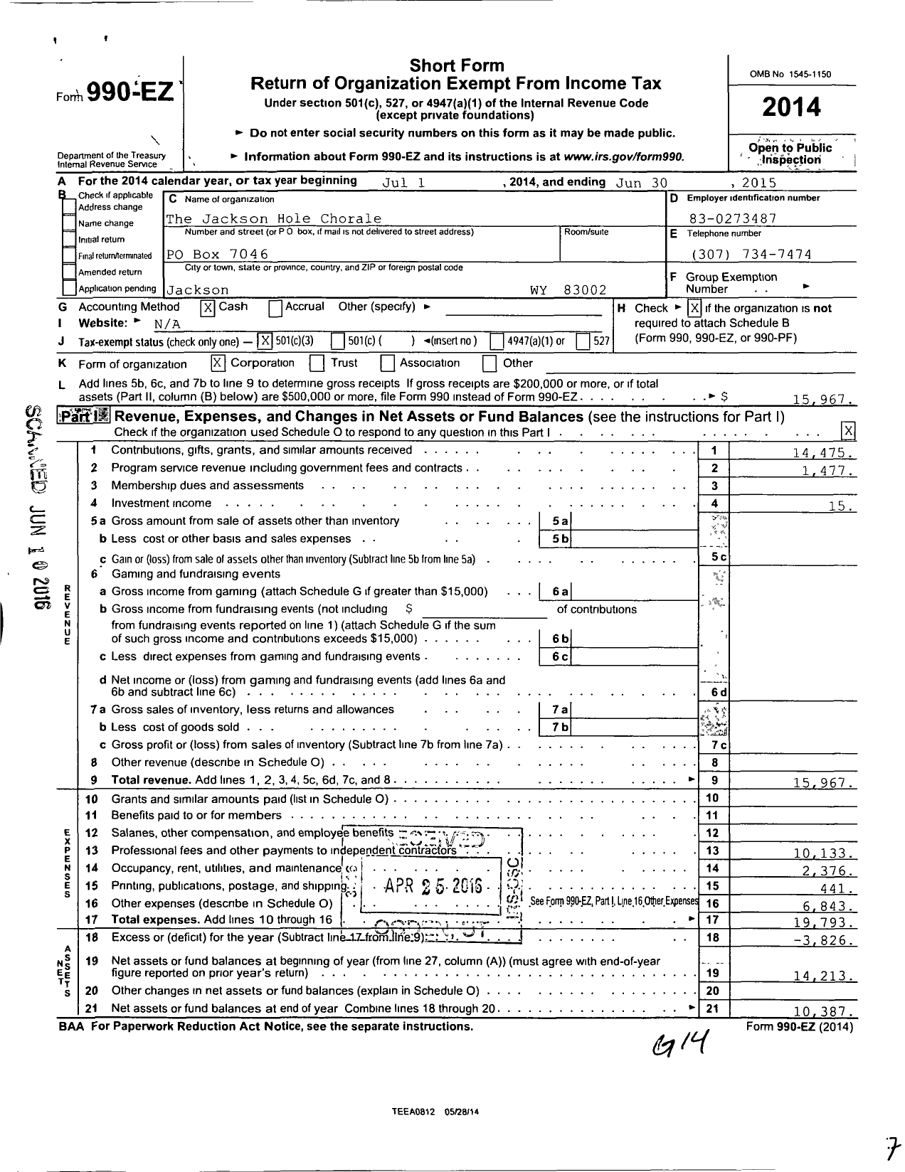 Image of first page of 2014 Form 990EZ for Jackson Hole Chorale