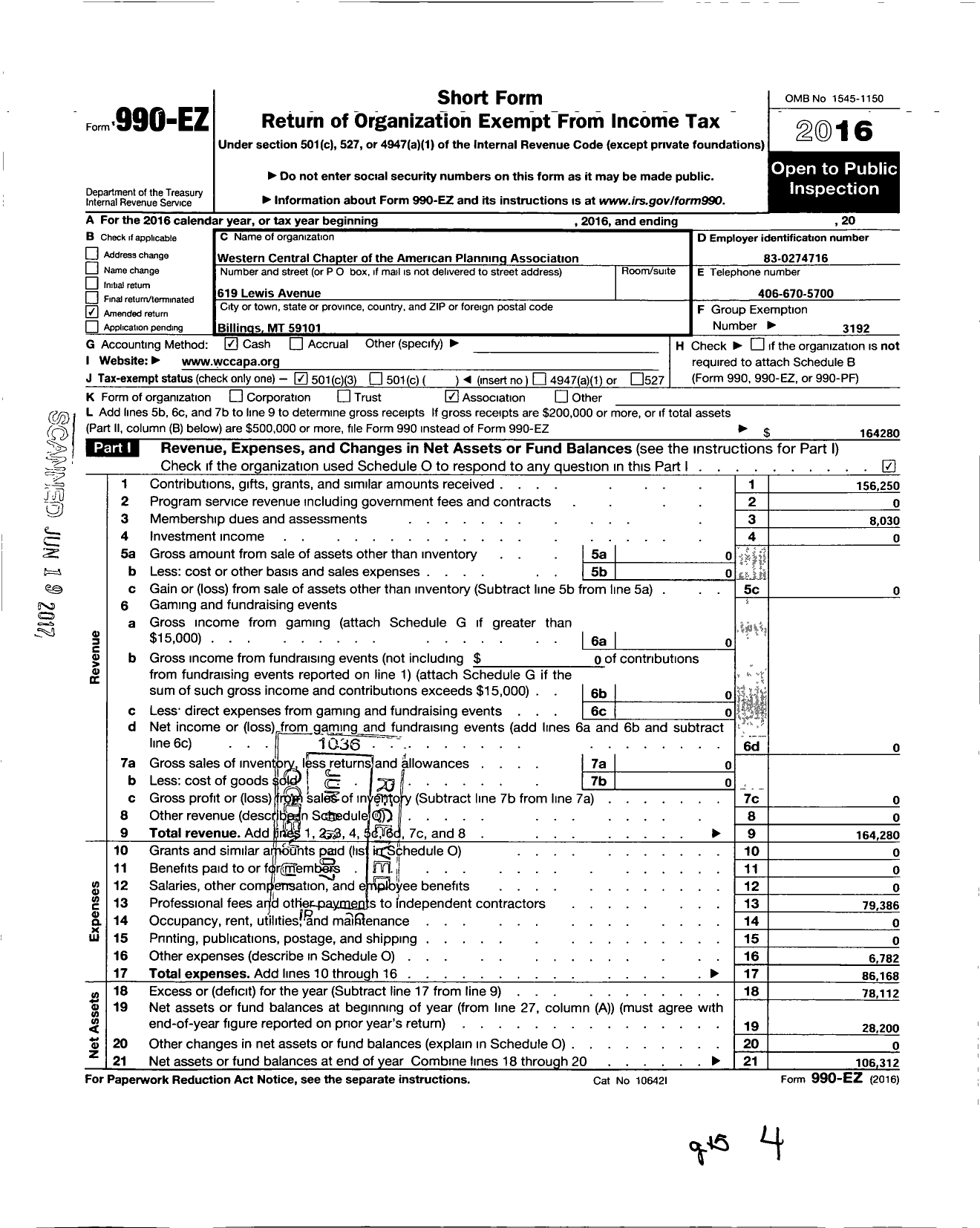 Image of first page of 2016 Form 990EZ for American Planning Association - 65 Western Central Chapter