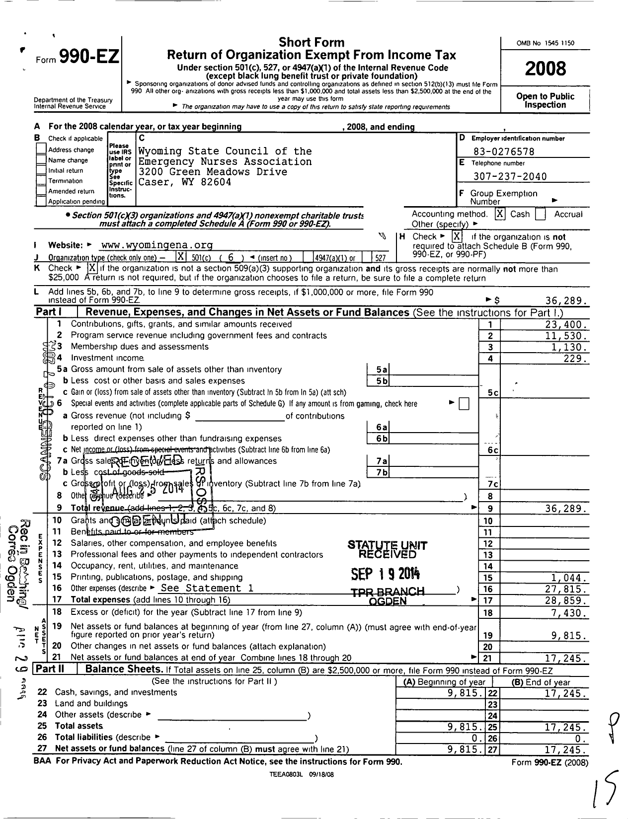 Image of first page of 2008 Form 990EO for Emergency Nurses Association / Wyoming State Council