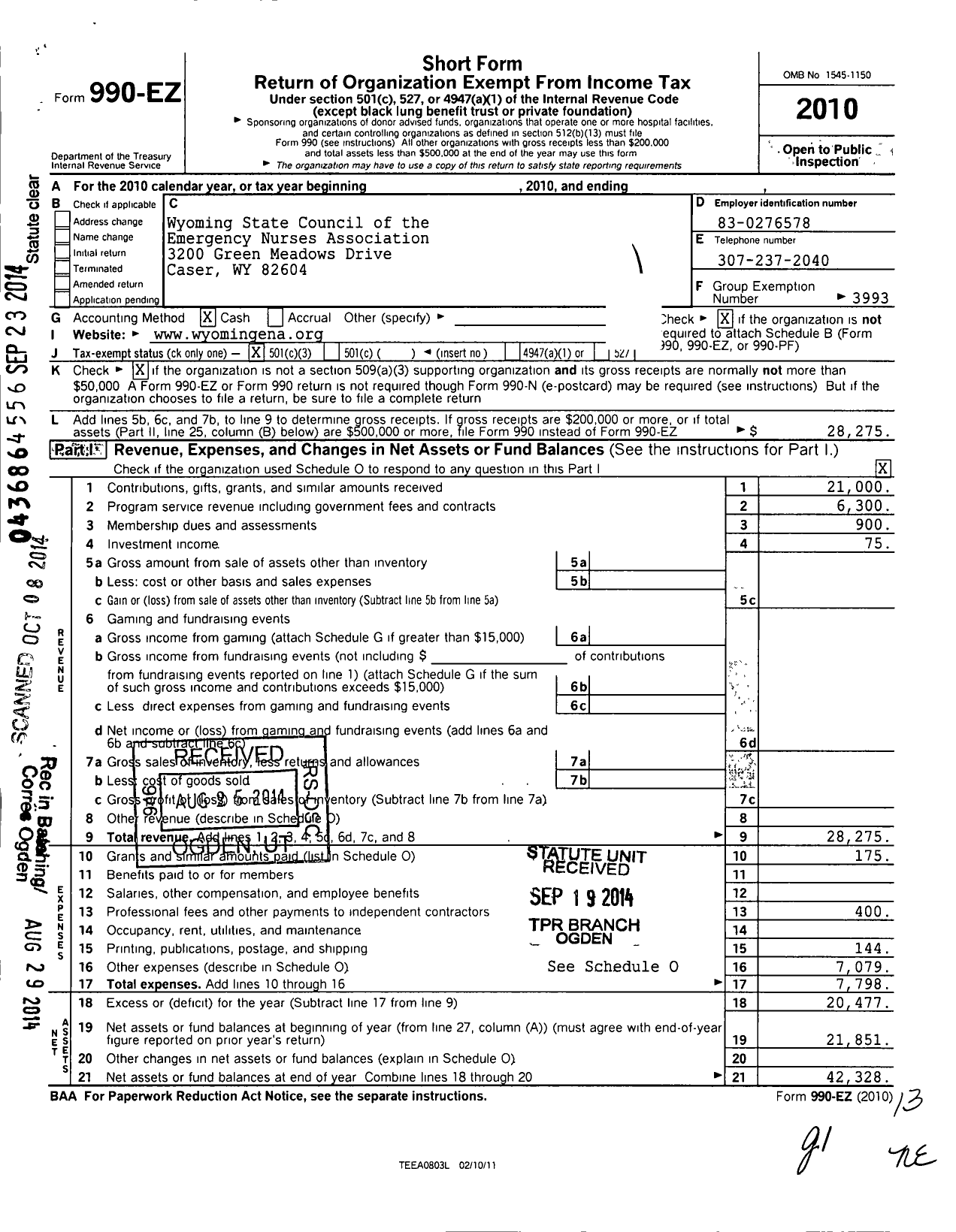 Image of first page of 2010 Form 990EZ for Emergency Nurses Association / Wyoming State Council
