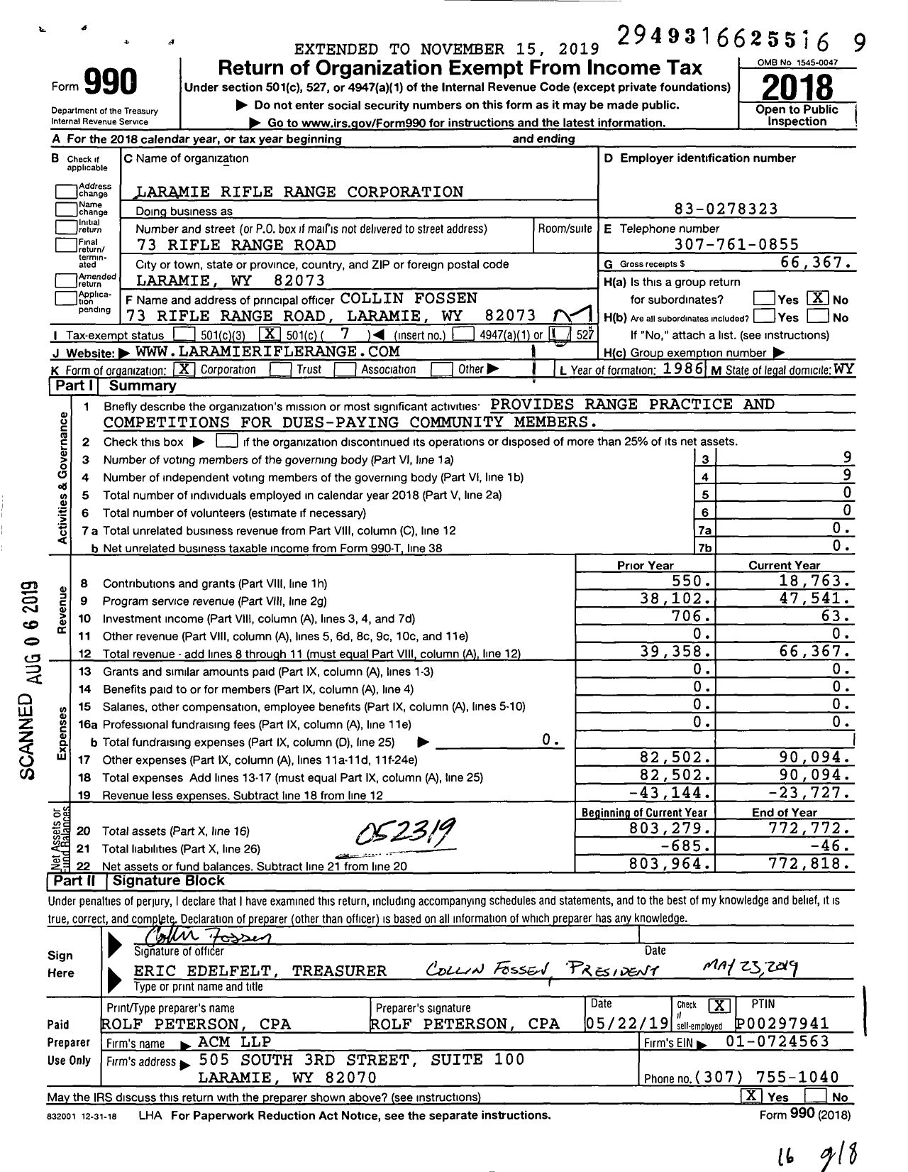 Image of first page of 2018 Form 990O for Laramie Rifle Range Corporation