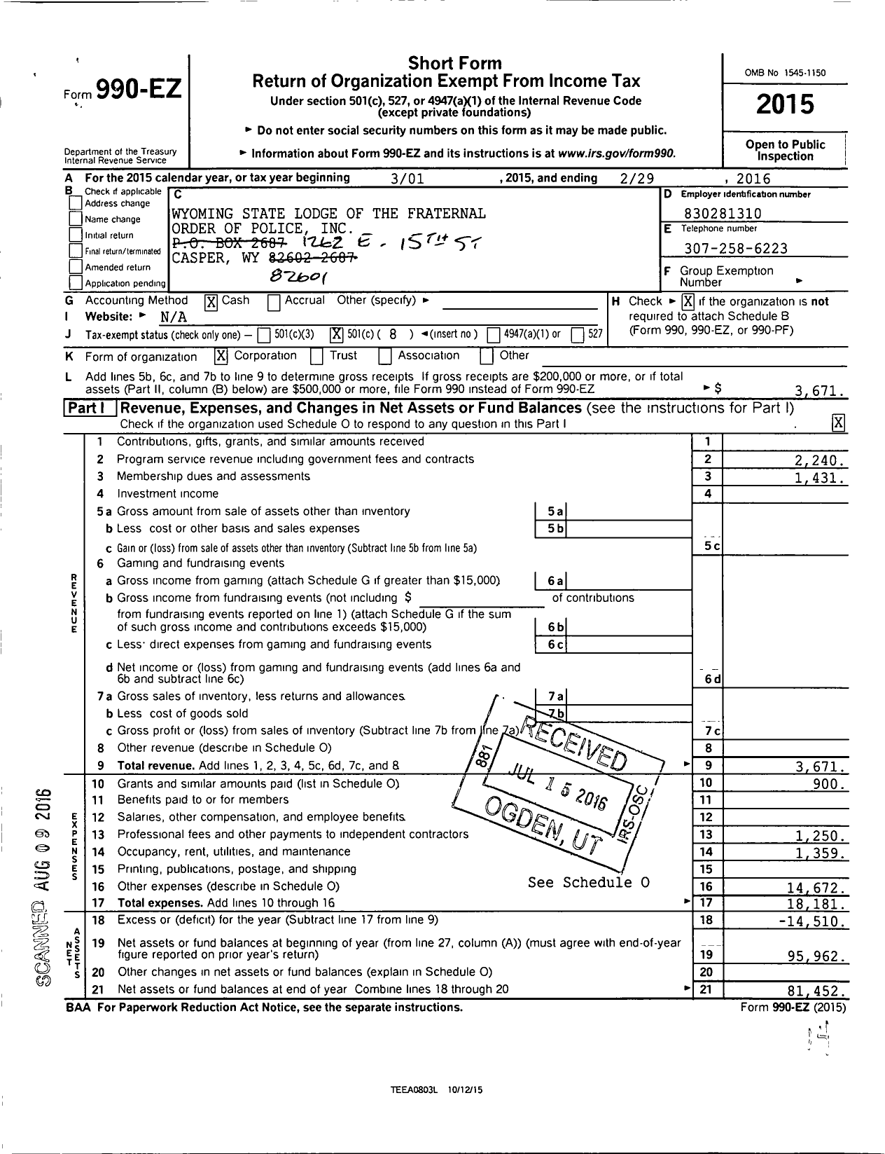 Image of first page of 2015 Form 990EO for Fraternal Order of Police - Wyoming State Fop Lodge