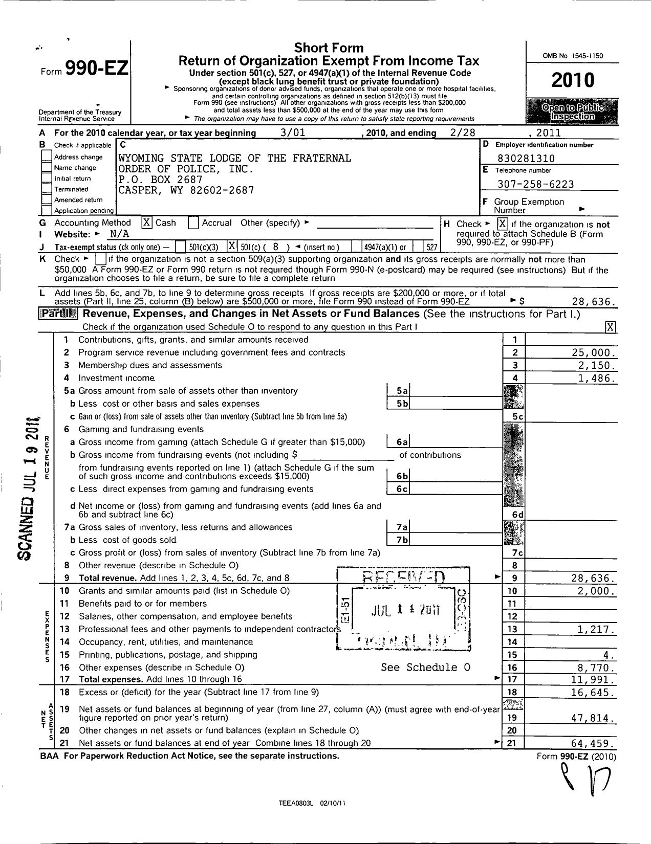 Image of first page of 2010 Form 990EO for Fraternal Order of Police - Wyoming State Fop Lodge