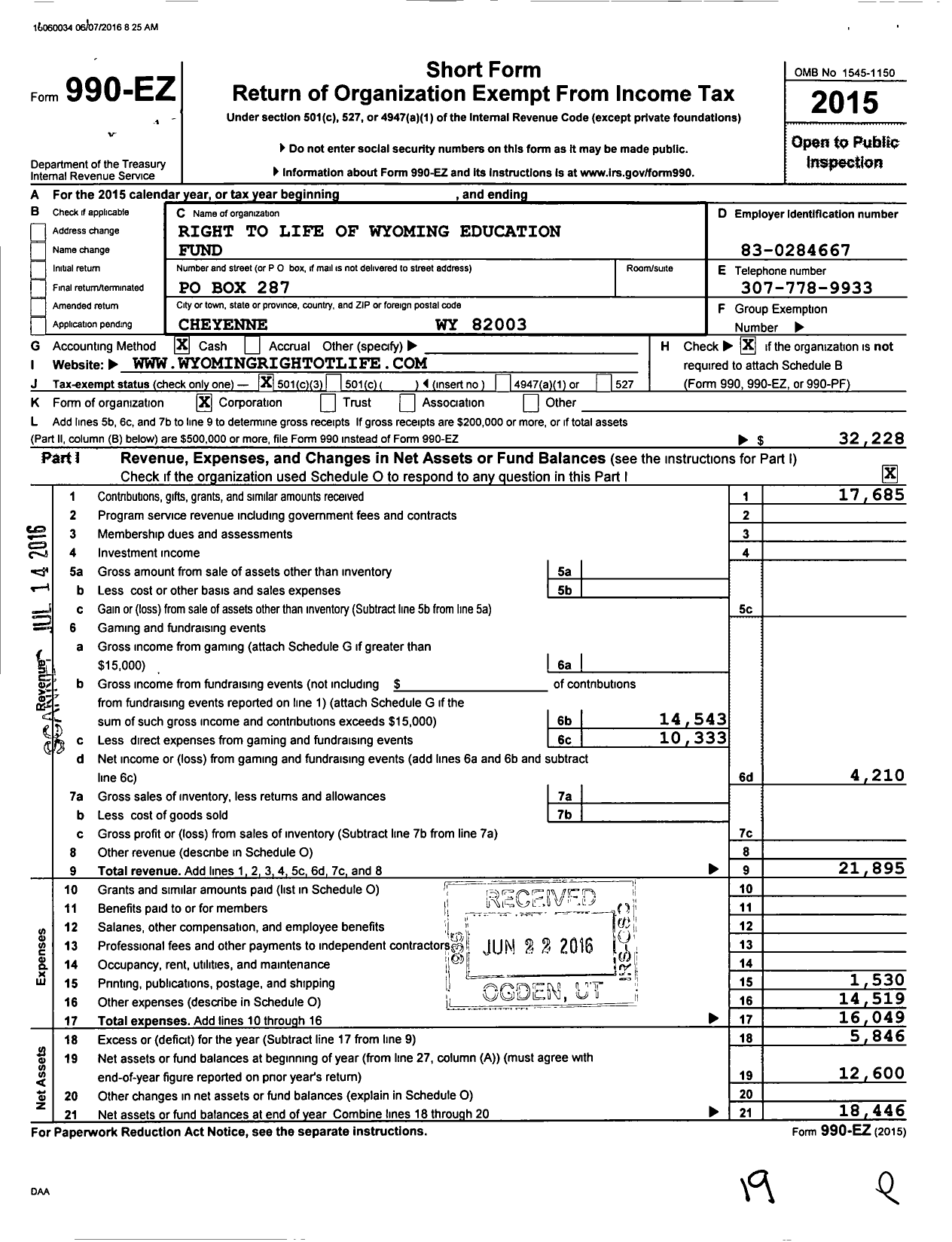 Image of first page of 2015 Form 990EZ for Right To Life of Wyoming Education