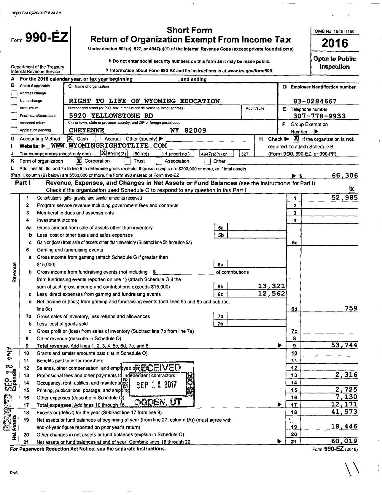 Image of first page of 2016 Form 990EZ for Right To Life of Wyoming Education