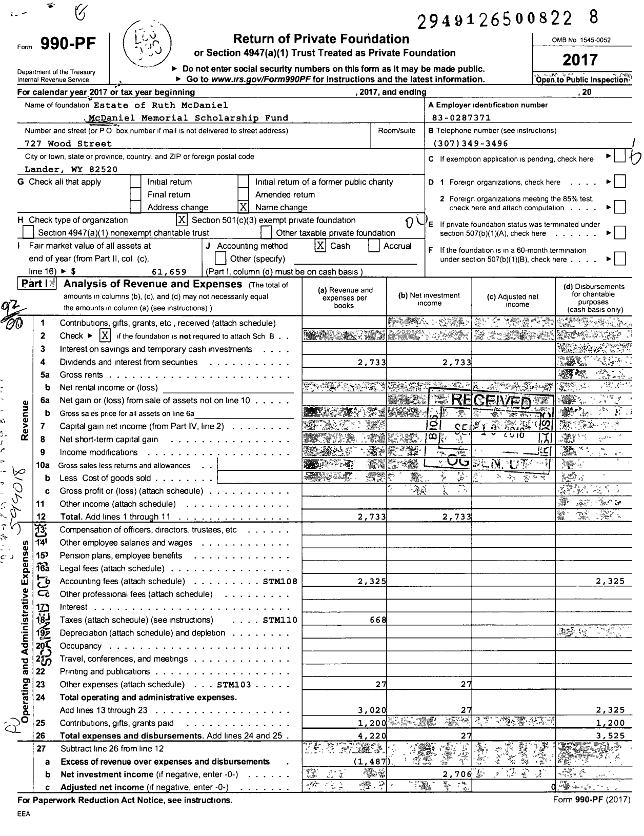 Image of first page of 2017 Form 990PF for Estate of Ruth Mcdaniel Mcdaniel Memorial Scholarship Fund