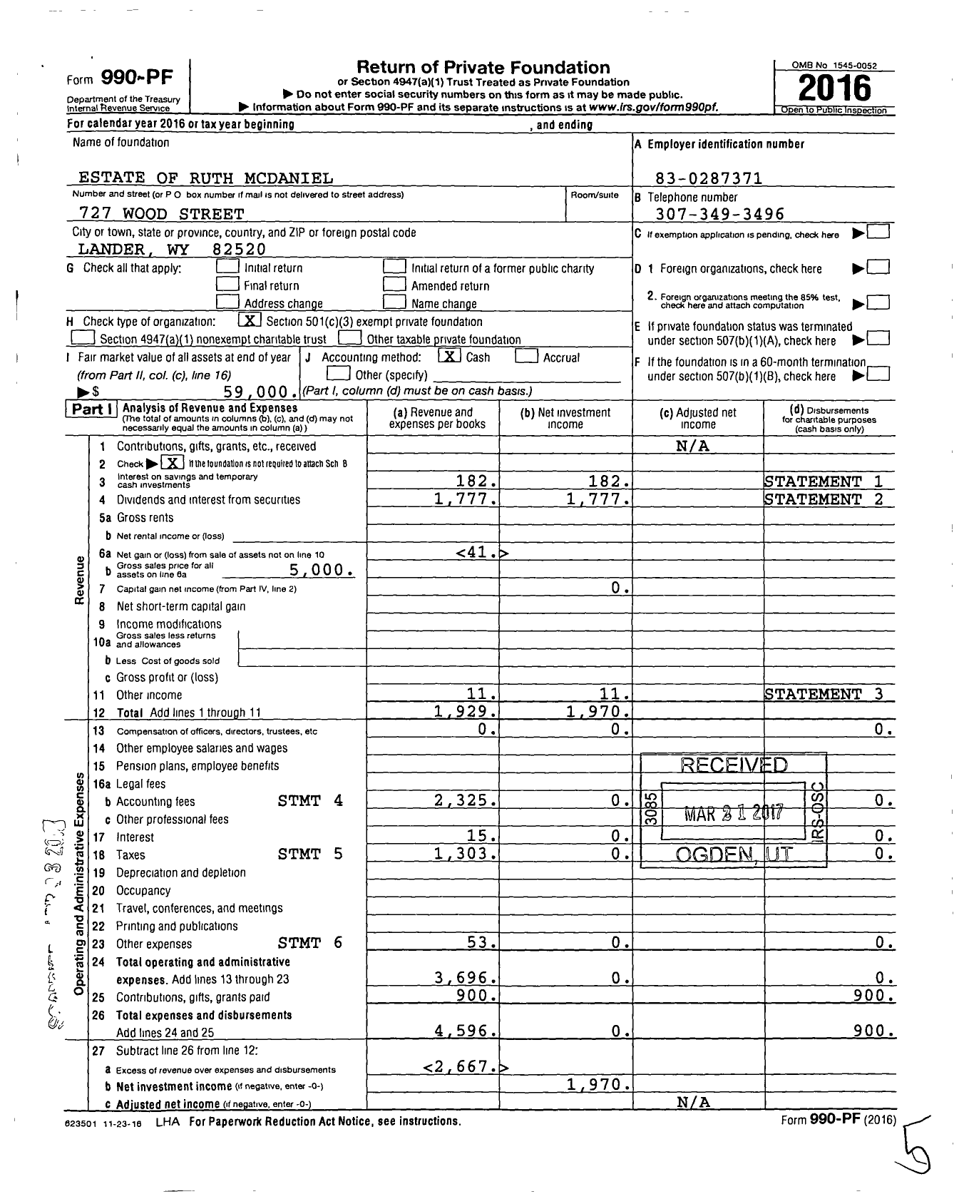 Image of first page of 2016 Form 990PF for Estate of Ruth Mcdaniel Mcdaniel Memorial Scholarship Fund