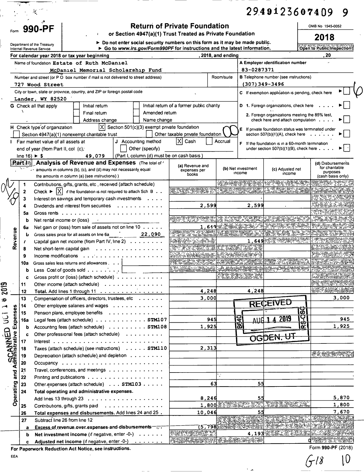 Image of first page of 2018 Form 990PF for Estate of Ruth Mcdaniel Mcdaniel Memorial Scholarship Fund