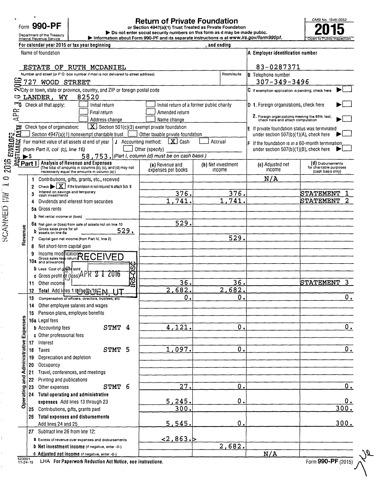 Image of first page of 2015 Form 990PF for Estate of Ruth Mcdaniel Mcdaniel Memorial Scholarship Fund