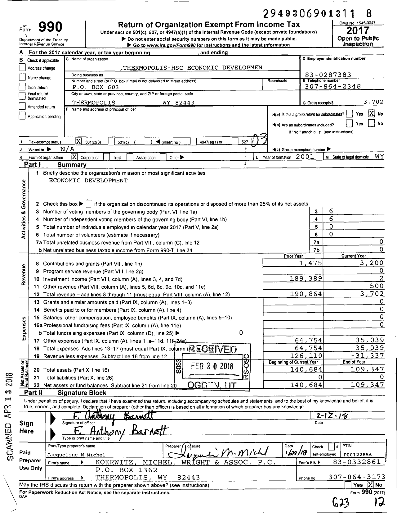 Image of first page of 2017 Form 990 for Thermopolis-Hsc Economic Development