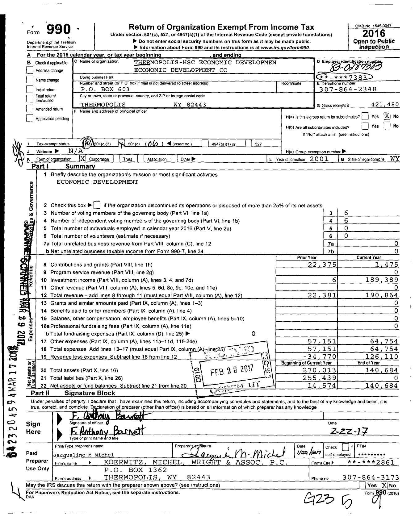 Image of first page of 2016 Form 990O for Thermopolis-Hsc Economic Development