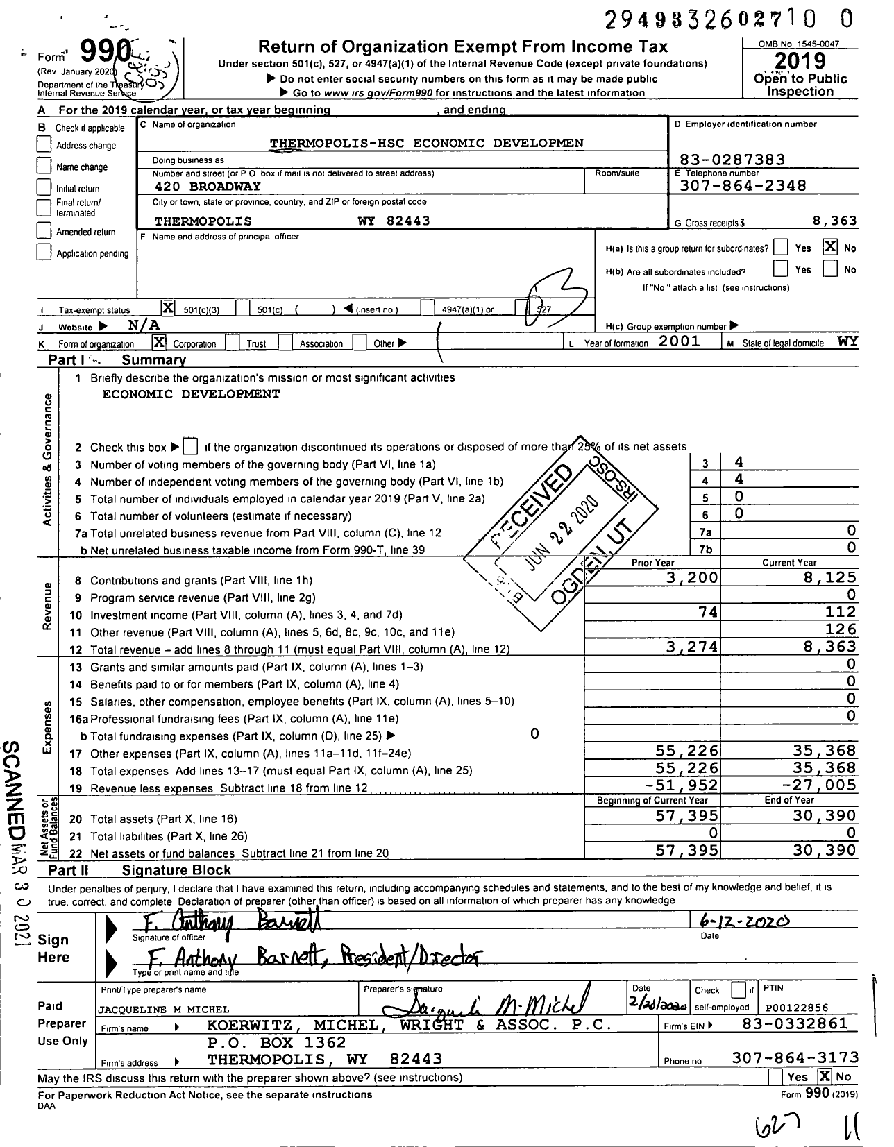 Image of first page of 2019 Form 990 for Thermopolis-Hsc Economic Development