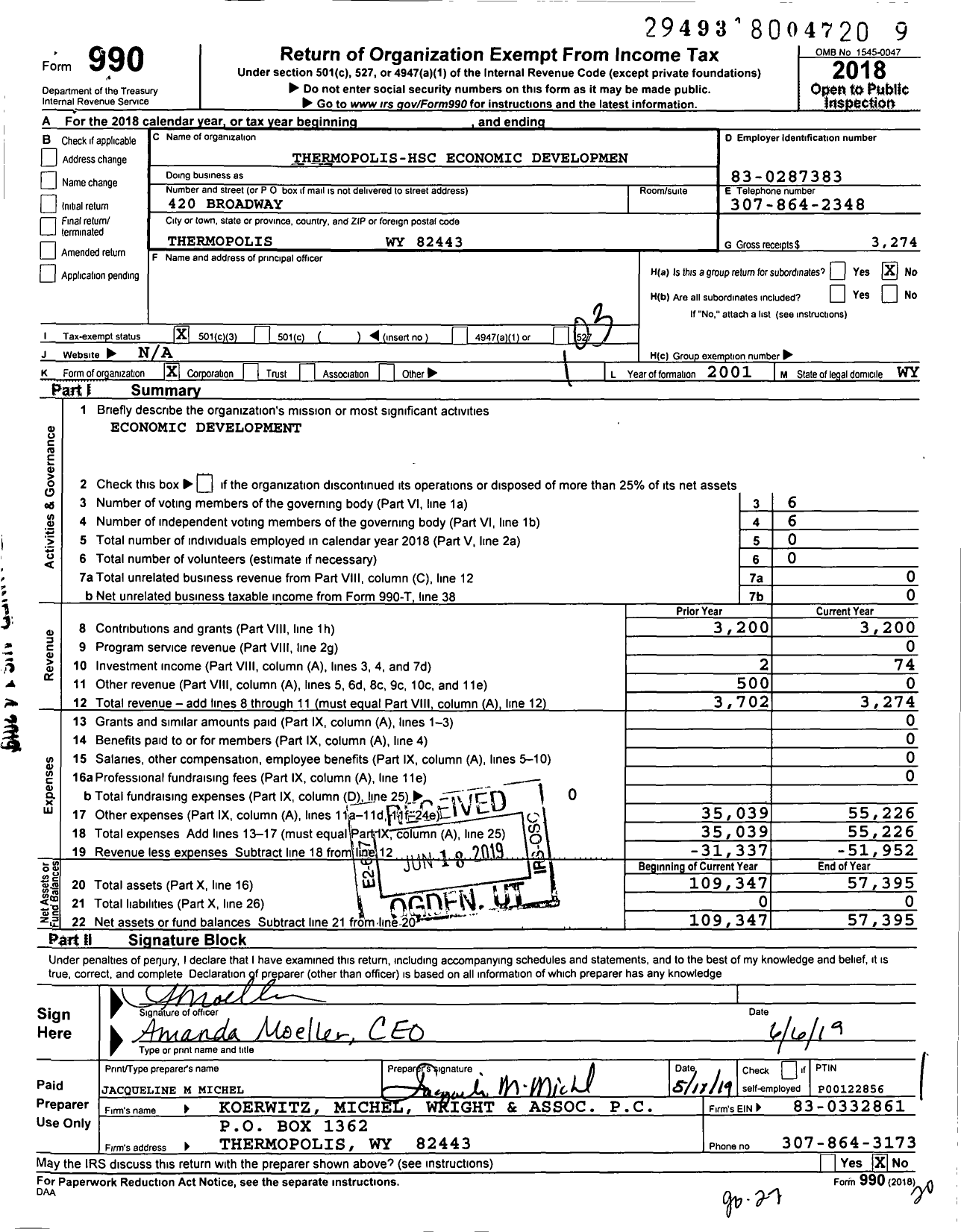 Image of first page of 2018 Form 990 for Thermopolis-Hsc Economic Development