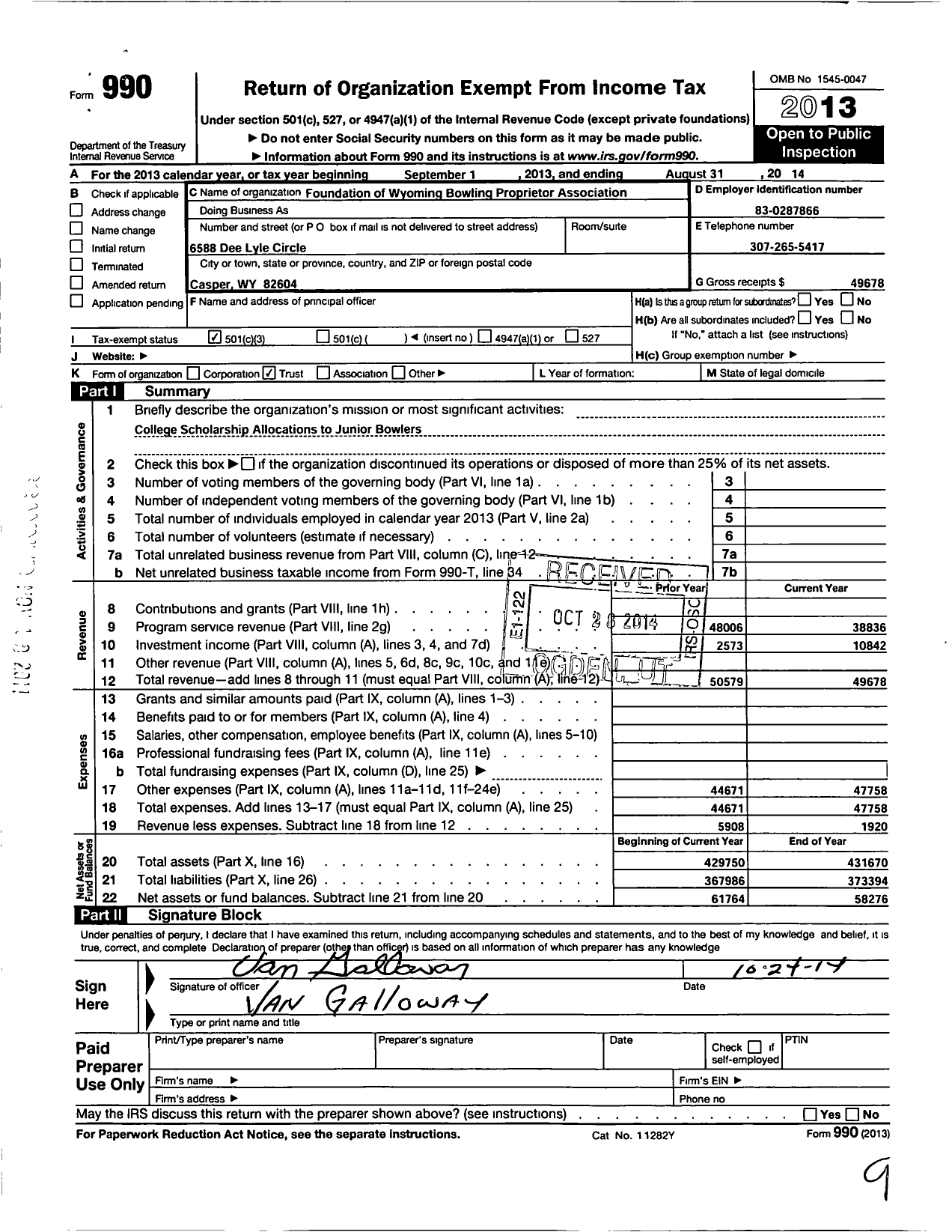 Image of first page of 2013 Form 990 for Foundation of the Wyoming Bowling Proprietors Association