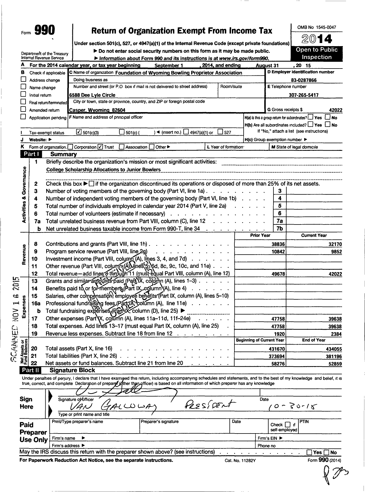 Image of first page of 2014 Form 990 for Foundation of the Wyoming Bowling Proprietors Association