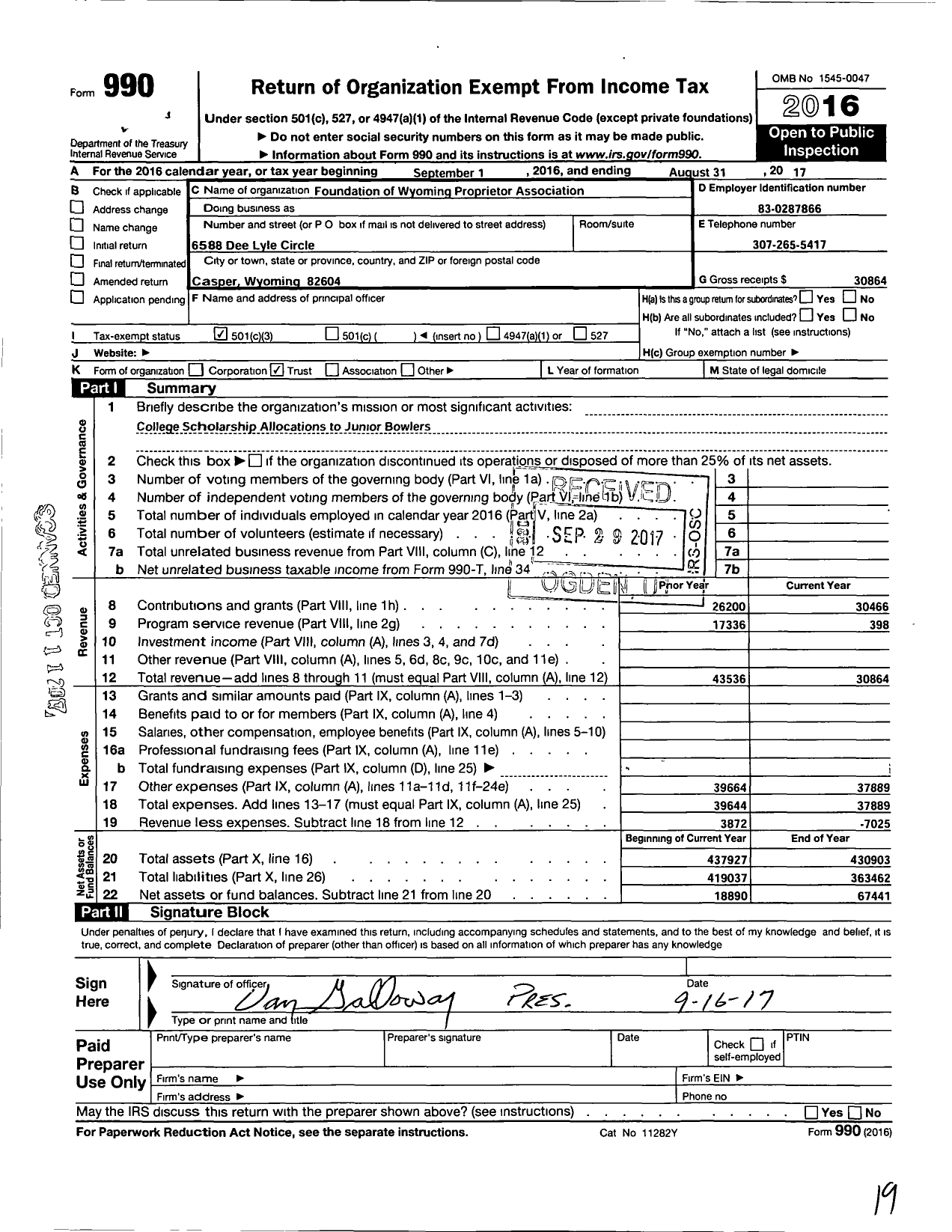 Image of first page of 2016 Form 990 for Foundation of the Wyoming Bowling Proprietors Association