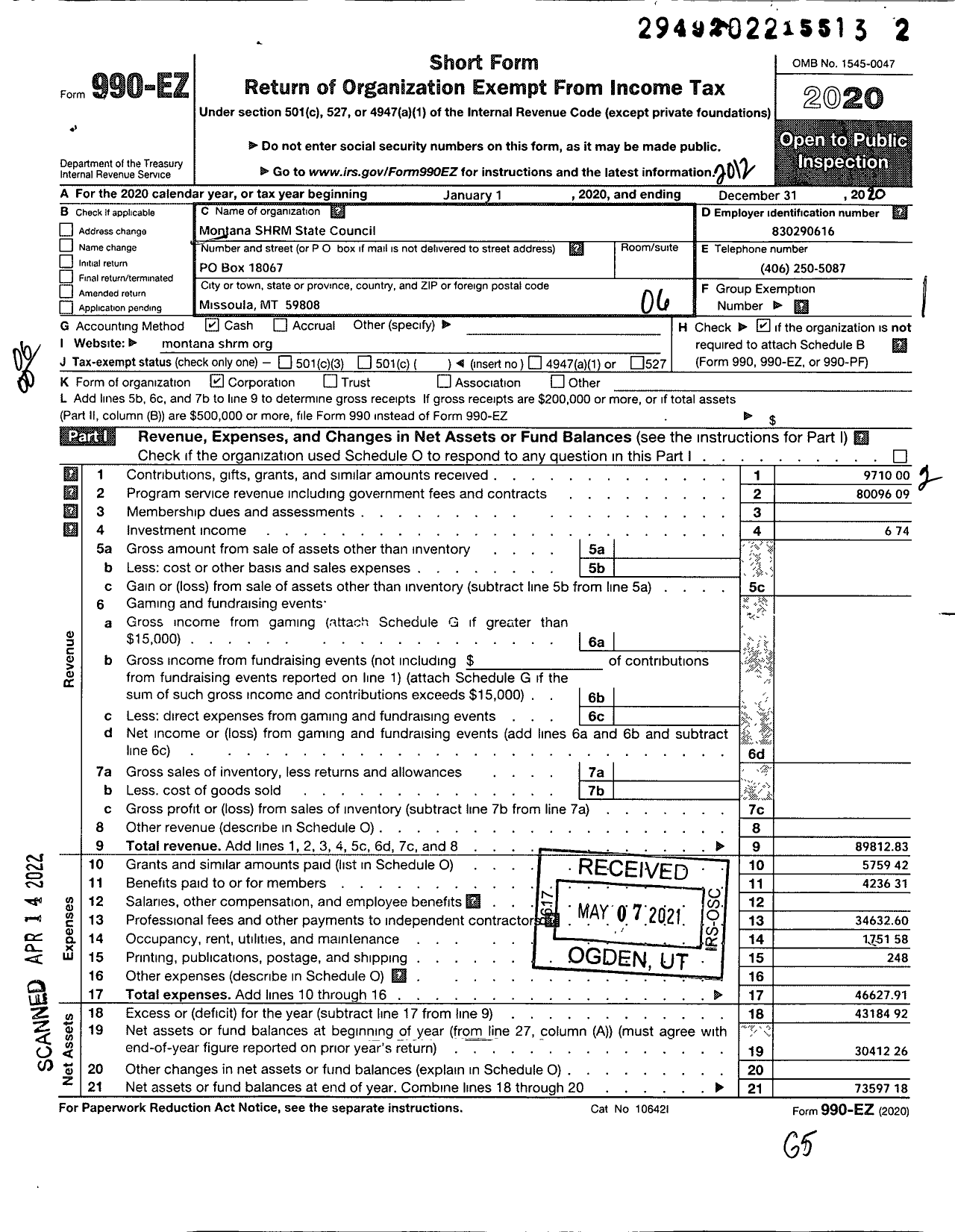 Image of first page of 2020 Form 990EO for Montana State Council SHRM