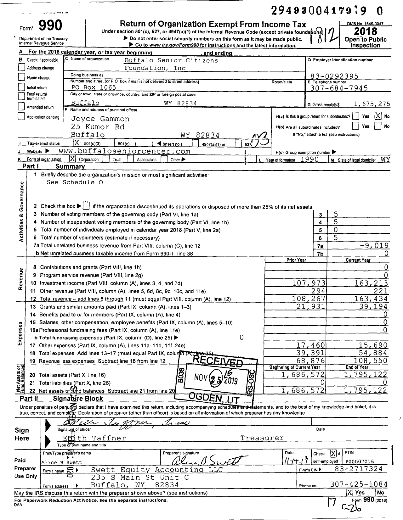 Image of first page of 2018 Form 990 for Buffalo Senior Citizens Foundation