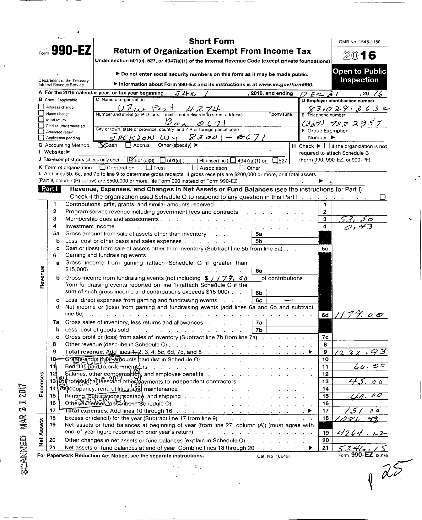 Image of first page of 2016 Form 990EZ for Veterans of Foreign Wars Department of Wyoming - 4274 Grand Teton Post