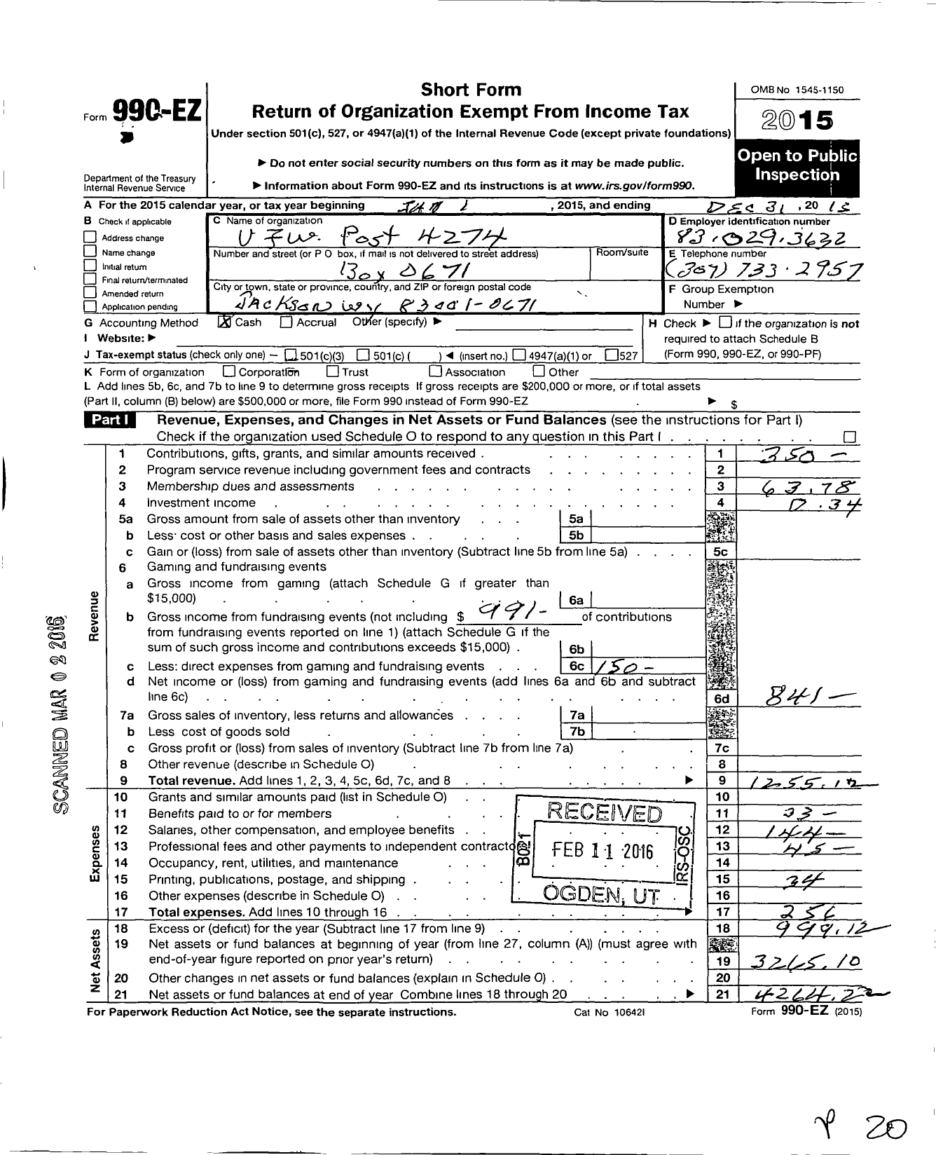 Image of first page of 2015 Form 990EO for Veterans of Foreign Wars Department of Wyoming - 4274 Grand Teton Post