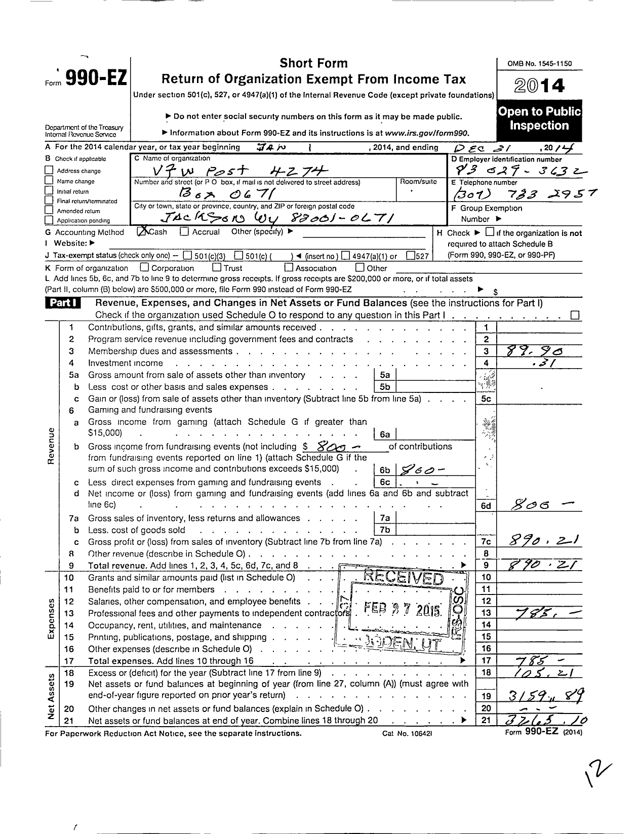Image of first page of 2014 Form 990EO for Veterans of Foreign Wars Department of Wyoming - 4274 Grand Teton Post