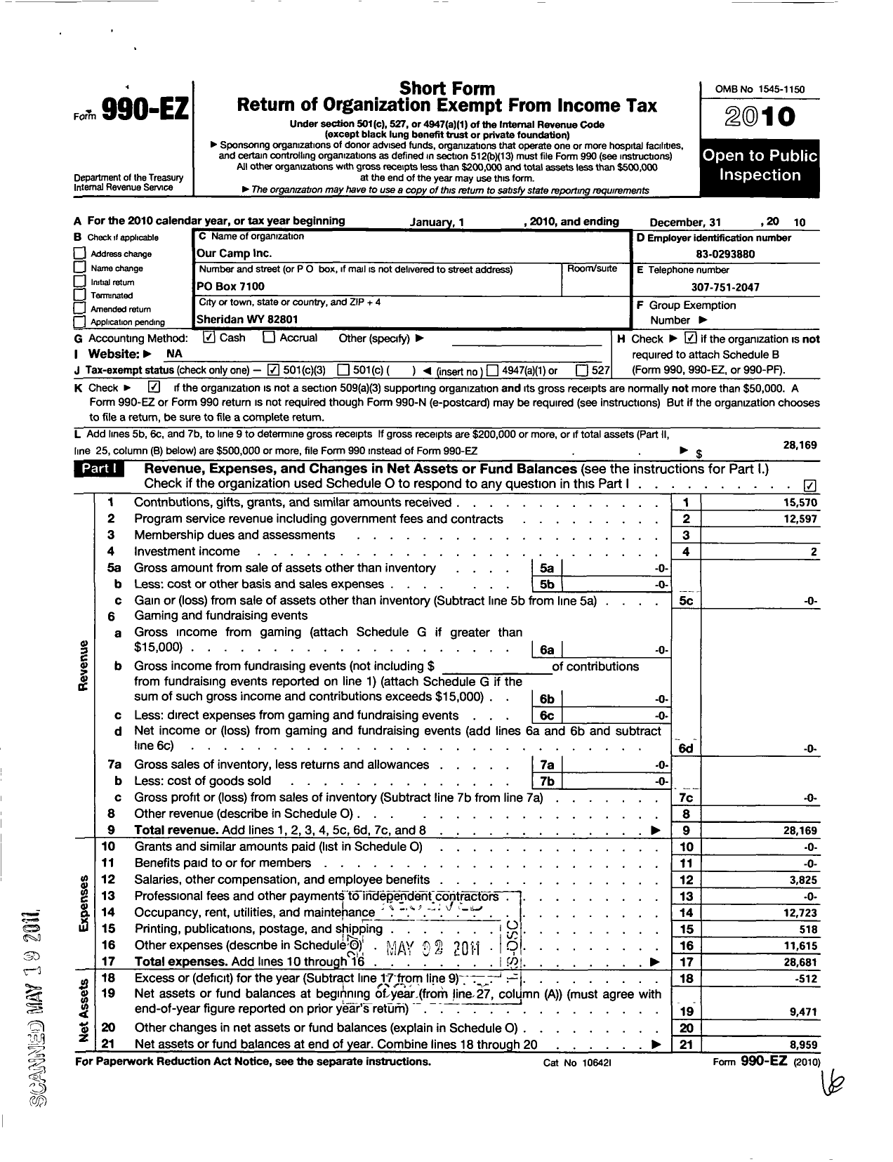 Image of first page of 2010 Form 990EZ for Our Camp