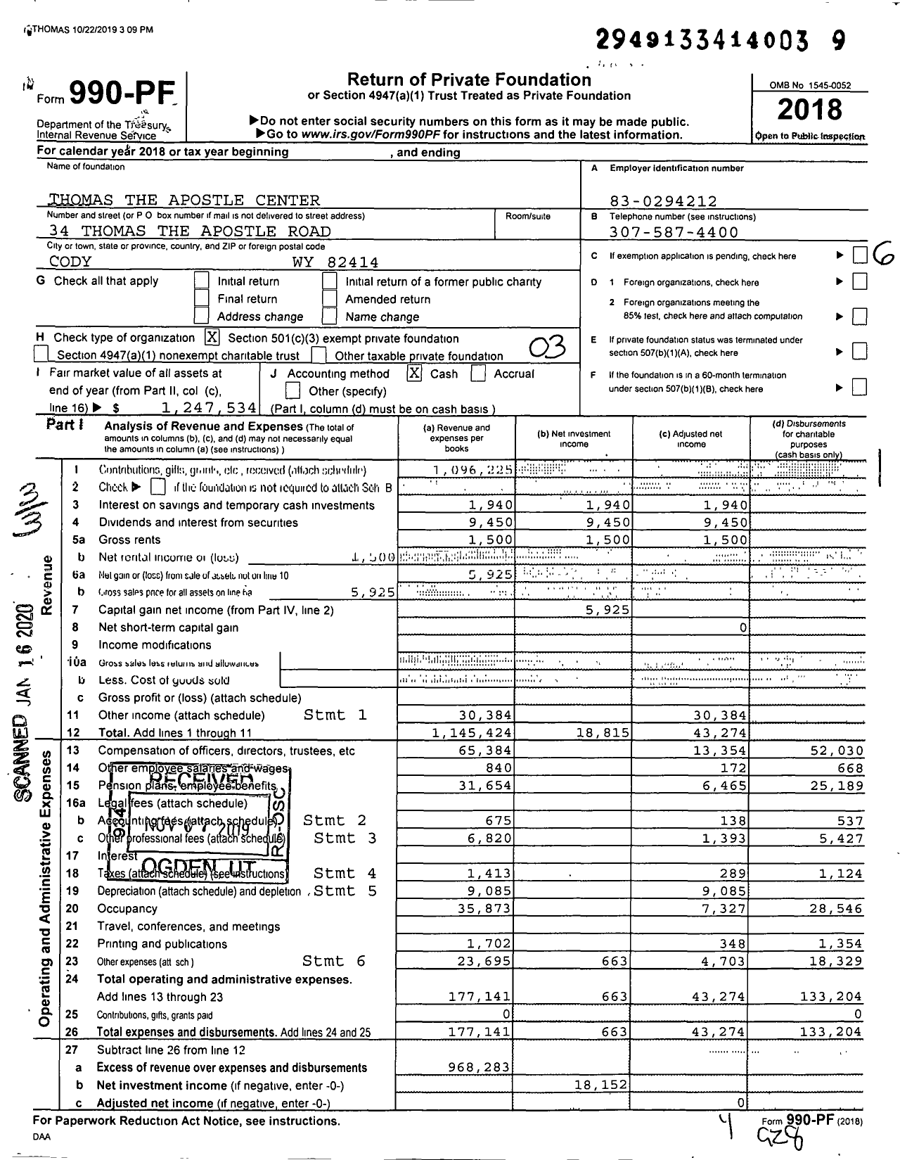 Image of first page of 2018 Form 990PF for Thomas the Apostle Center