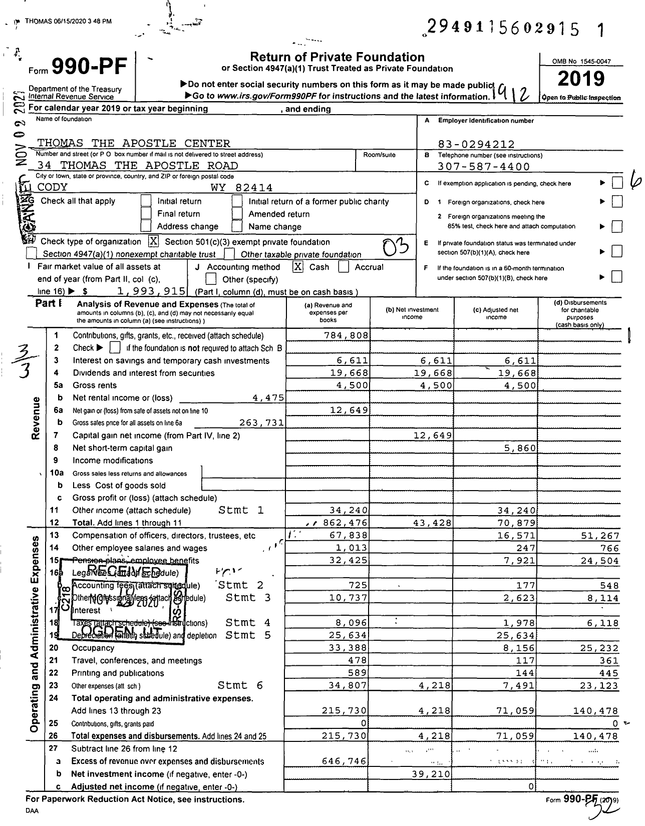 Image of first page of 2019 Form 990PF for Thomas the Apostle Center