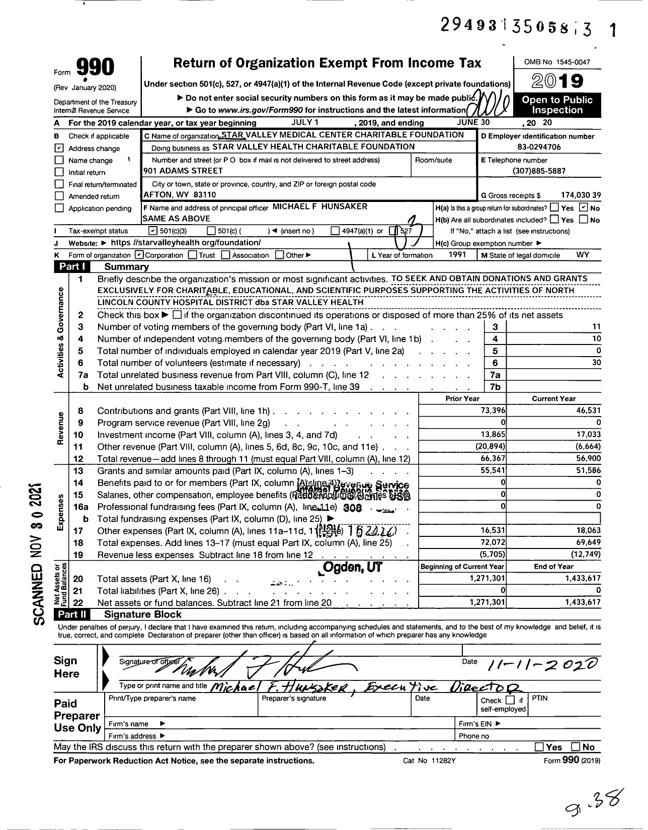 Image of first page of 2019 Form 990 for Star Valley Medical Center Charitable Foundation