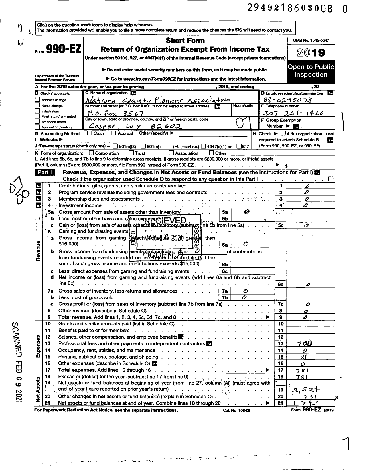 Image of first page of 2019 Form 990EO for Natrona Community Pioneer Association