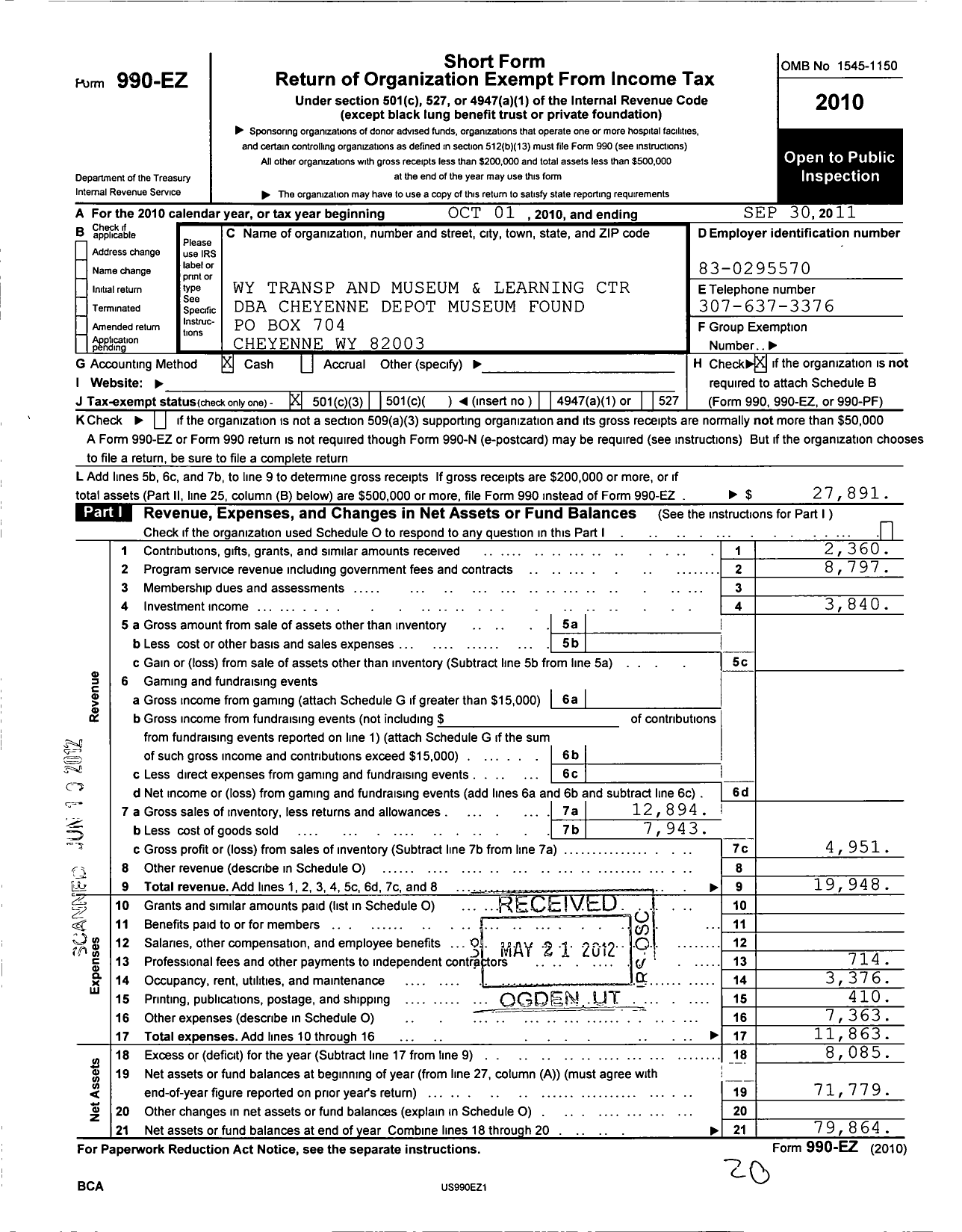 Image of first page of 2010 Form 990EZ for Wyoming Transportation Museum Corporation