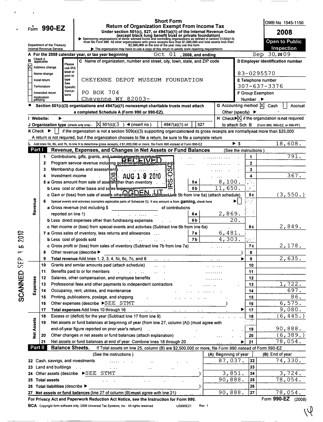 Image of first page of 2008 Form 990EZ for Wyoming Transportation Museum Corporation