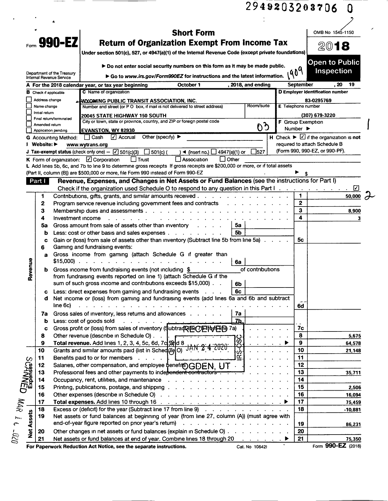 Image of first page of 2018 Form 990EZ for Wyoming Public Transit Association (Wytrans)