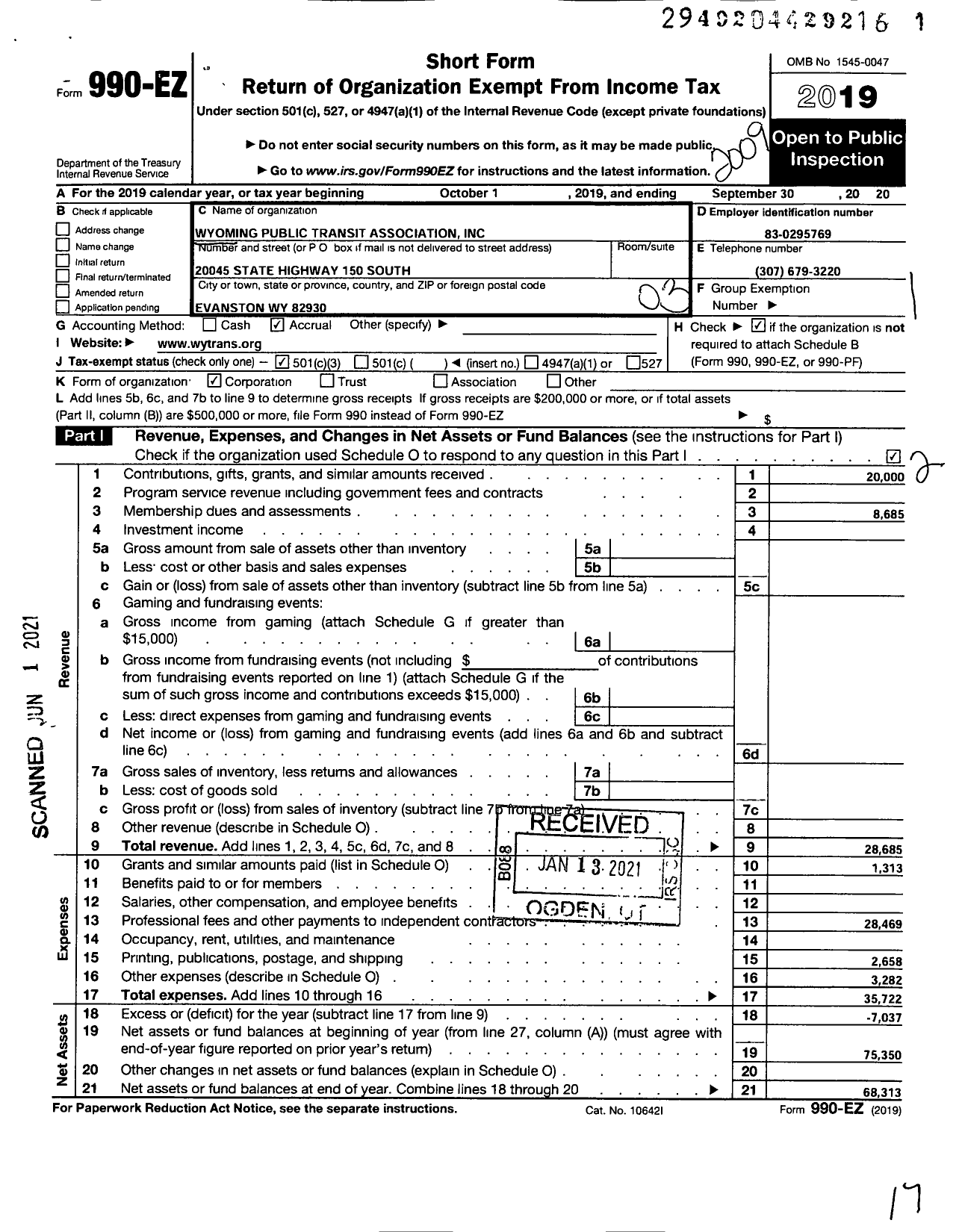 Image of first page of 2019 Form 990EZ for Wyoming Public Transit Association (Wytrans)