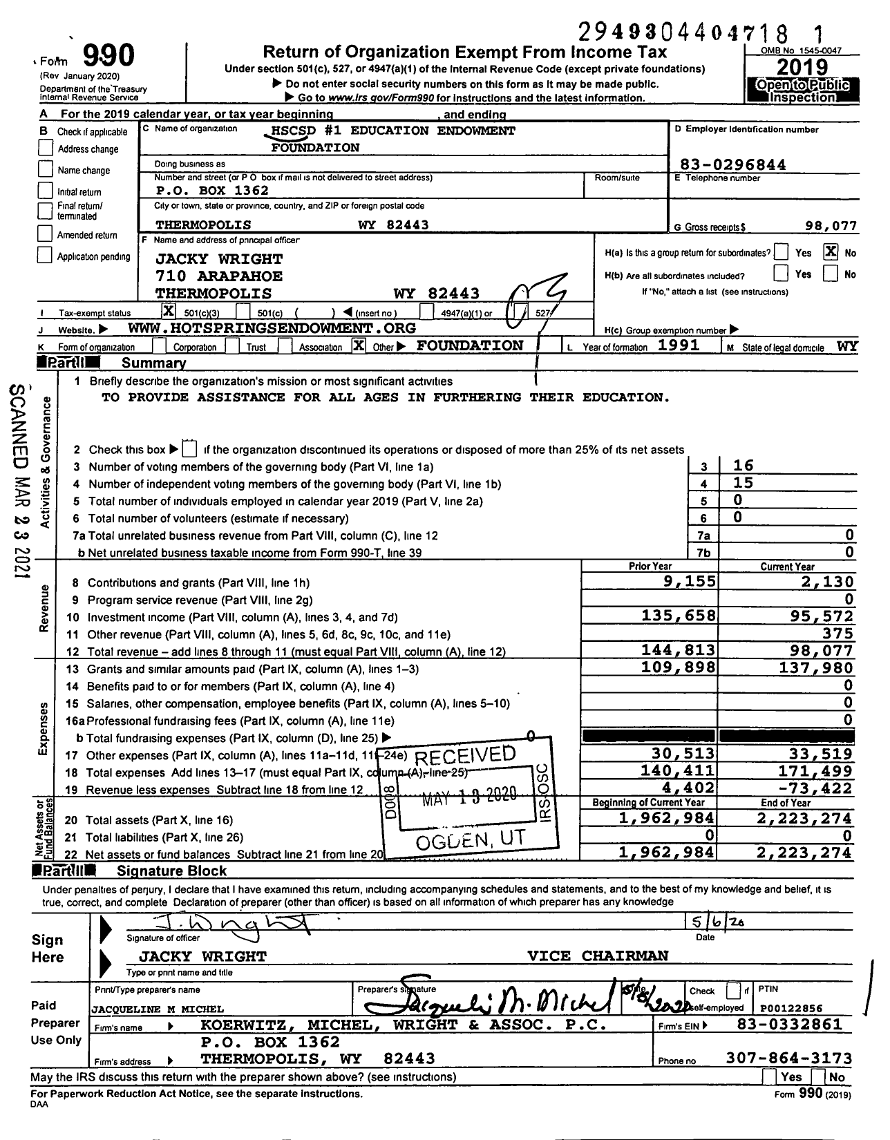 Image of first page of 2019 Form 990 for Hot Springs County School District Foundation