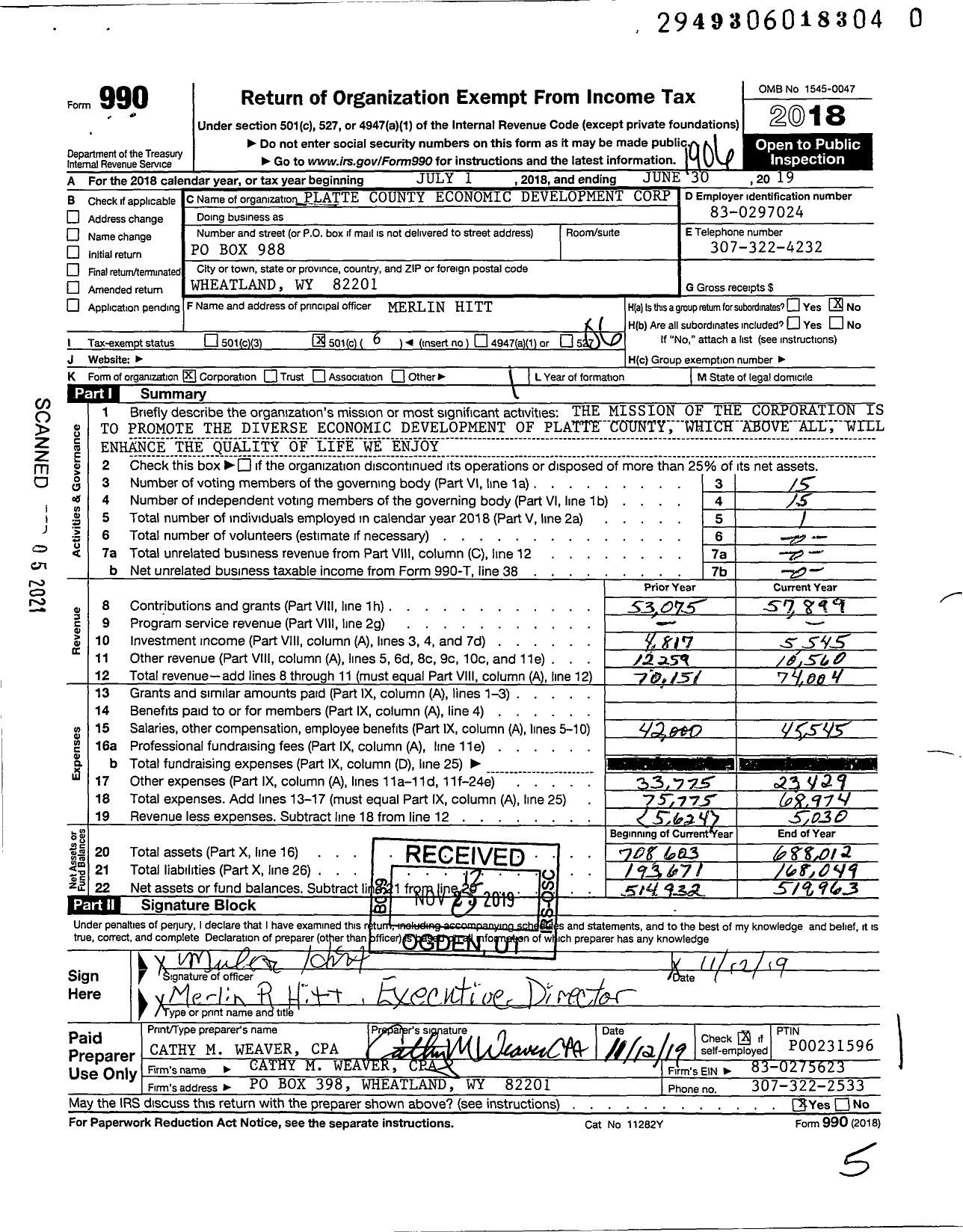 Image of first page of 2018 Form 990O for Platte County Economic Development