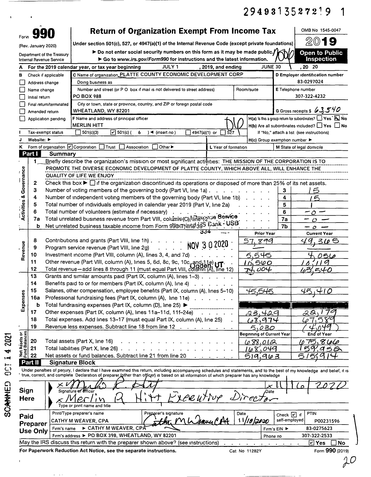 Image of first page of 2019 Form 990O for Platte County Economic Development