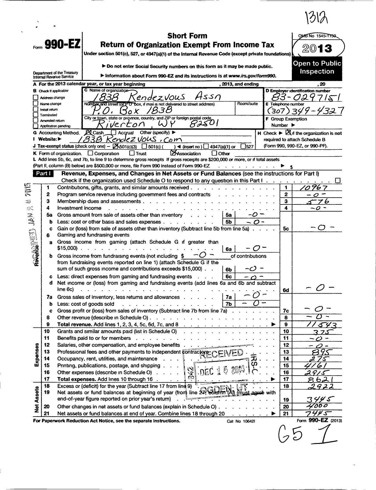 Image of first page of 2013 Form 990EZ for 1838 Rendezvous Association