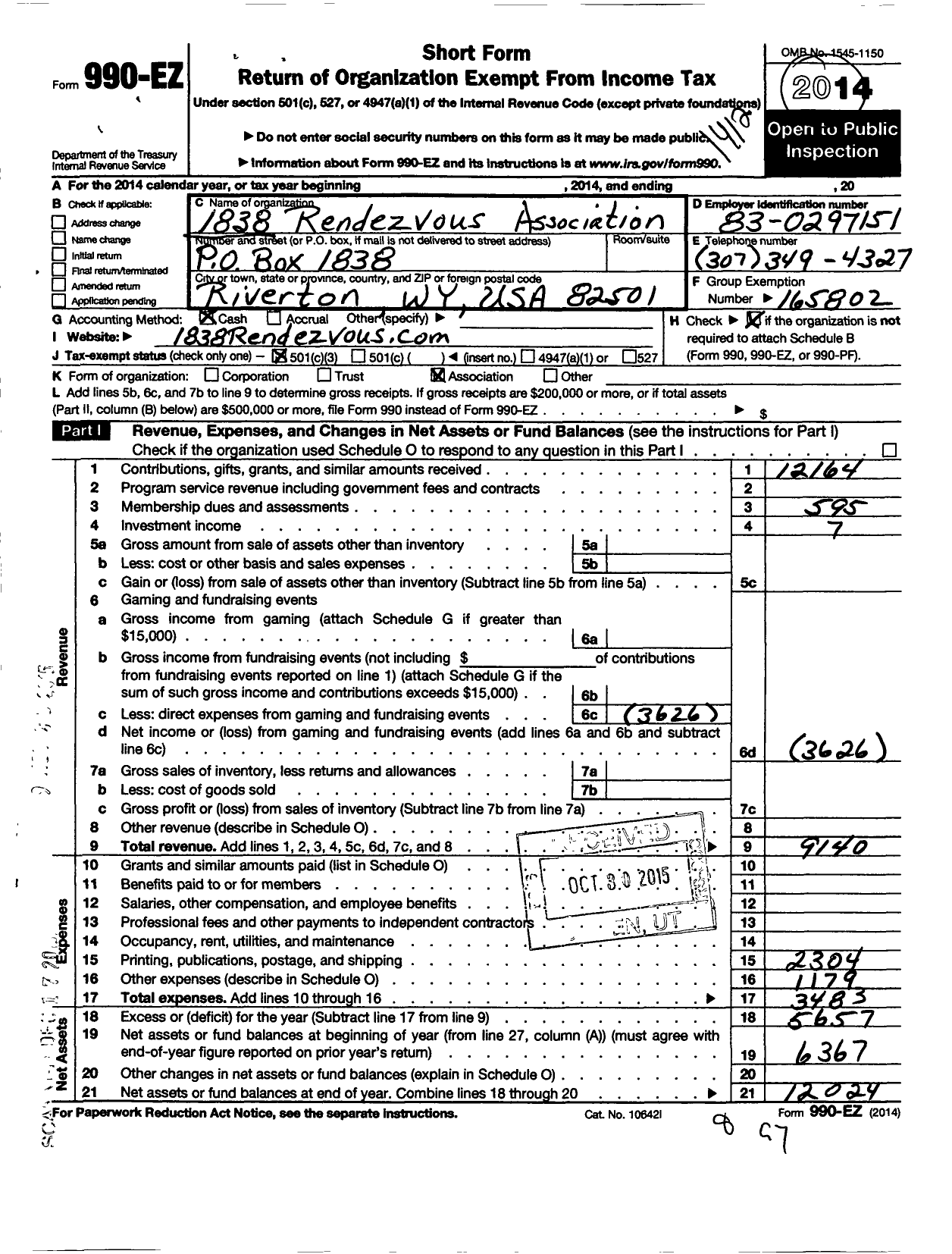 Image of first page of 2014 Form 990EZ for 1838 Rendezvous Association