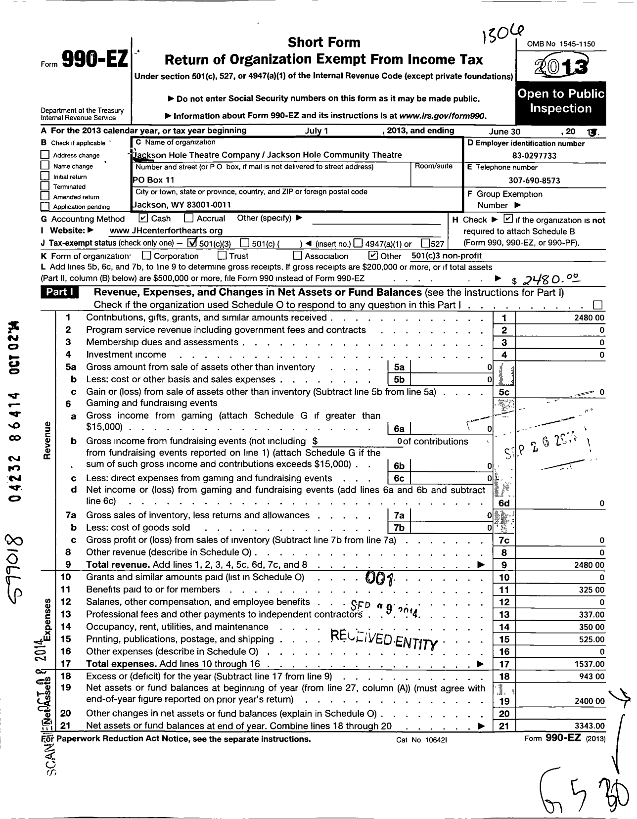 Image of first page of 2012 Form 990EZ for Jackson Hole Theatre Company